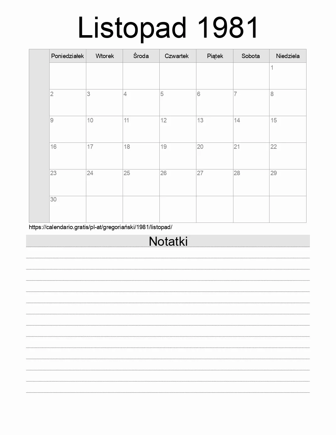 Kalendarz na Listopad 1981 do druku z notatkami. (Austria) Kalendarz na Listopad 1981 do druku z notatkami. (Austria)