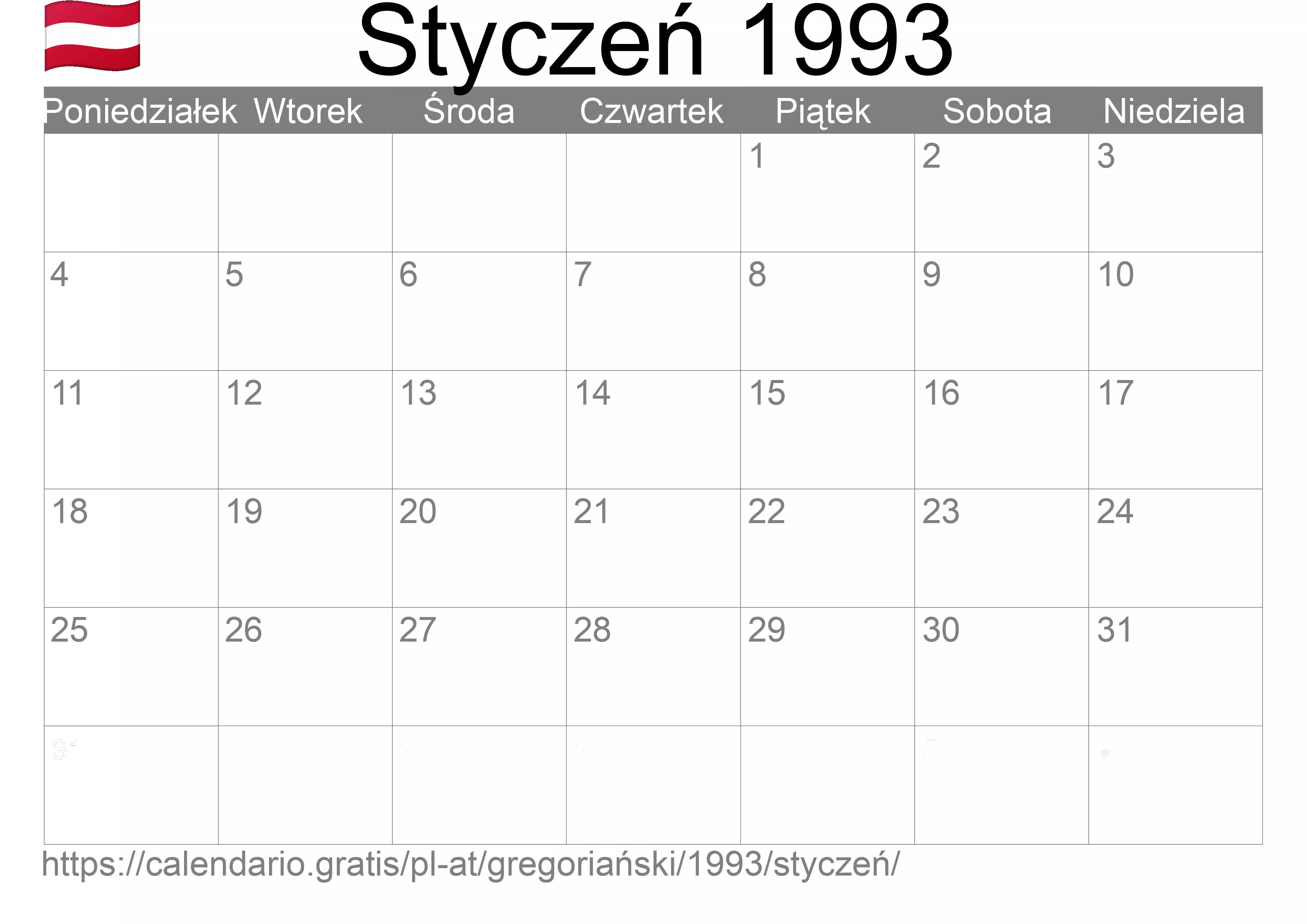 Kalendarz na Styczeń 1993 do druku (Austria) Kalendarz na Styczeń 1993 do druku (Austria)
