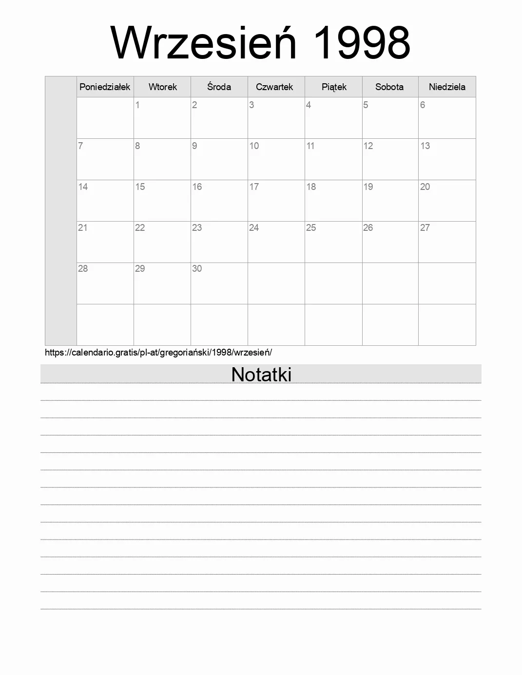 Kalendarz na Wrzesień 1998 do druku z notatkami. (Austria)