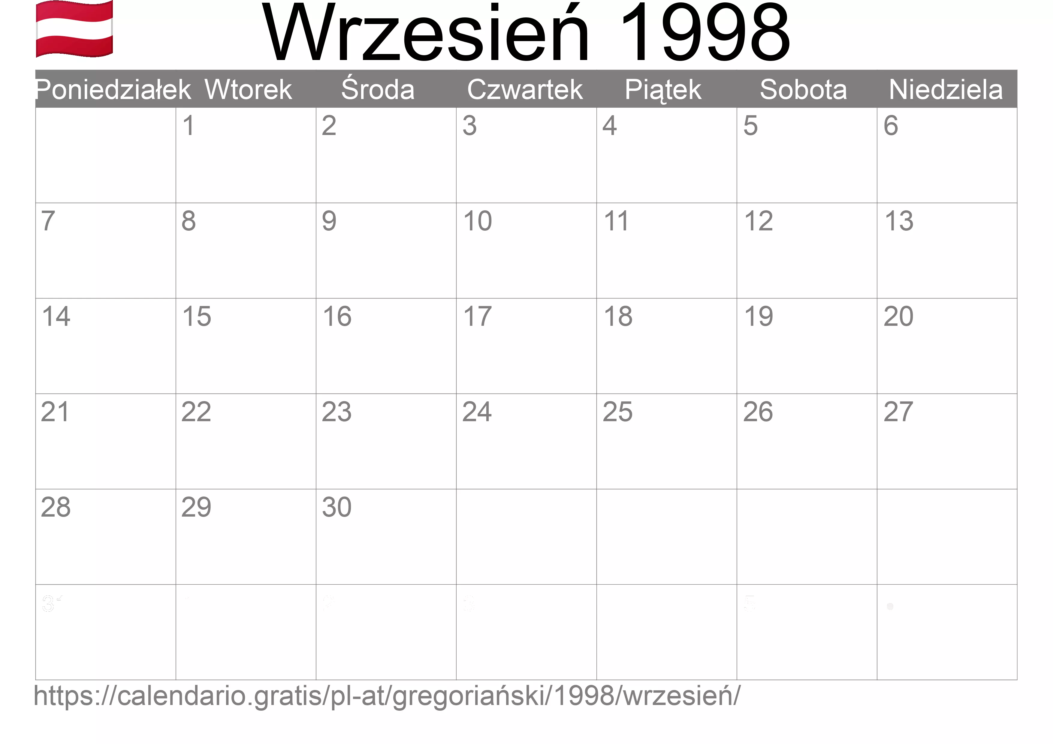 Kalendarz na Wrzesień 1998 do druku (Austria)