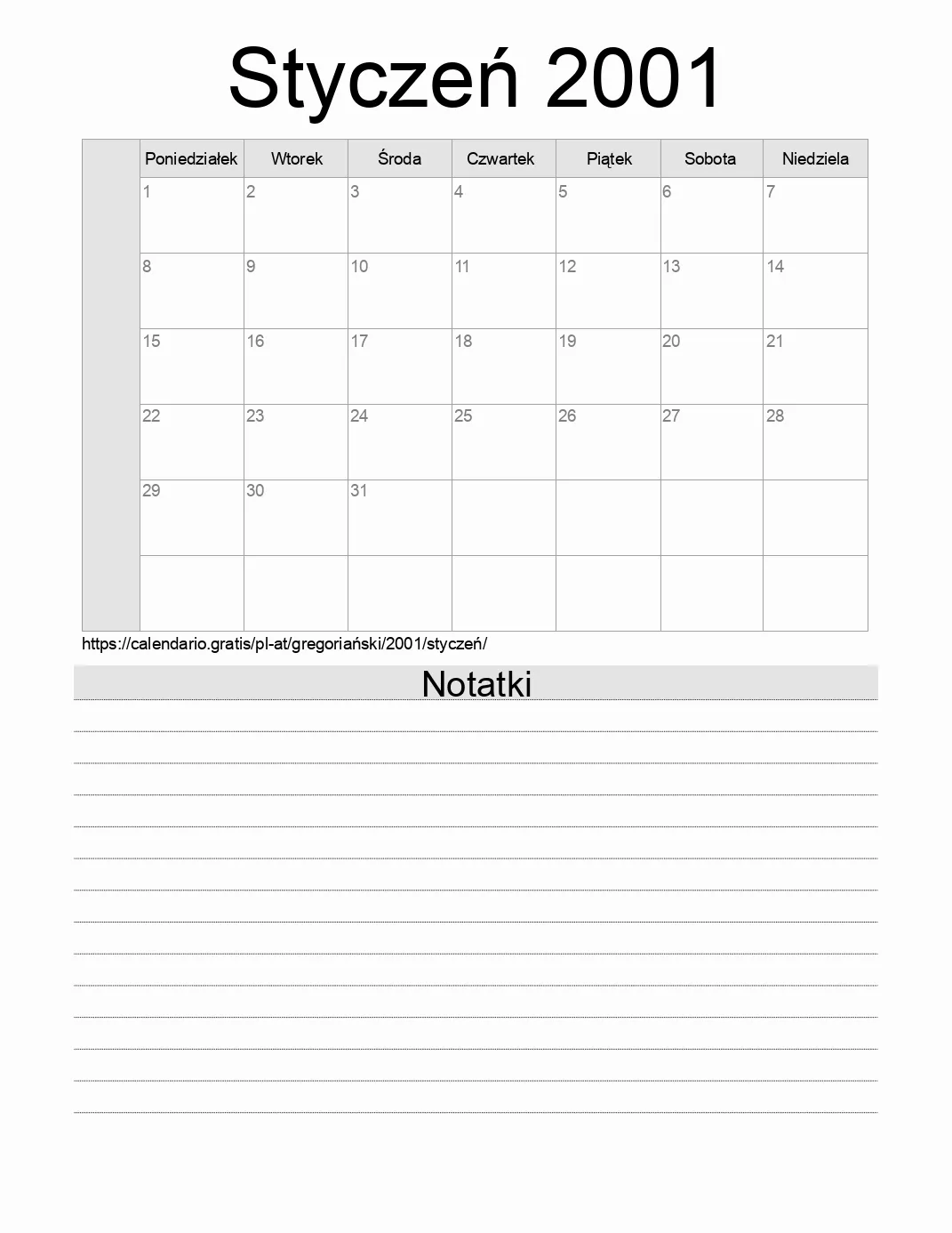 Kalendarz na Styczeń 2001 do druku z notatkami. (Austria) Kalendarz na Styczeń 2001 do druku z notatkami. (Austria)