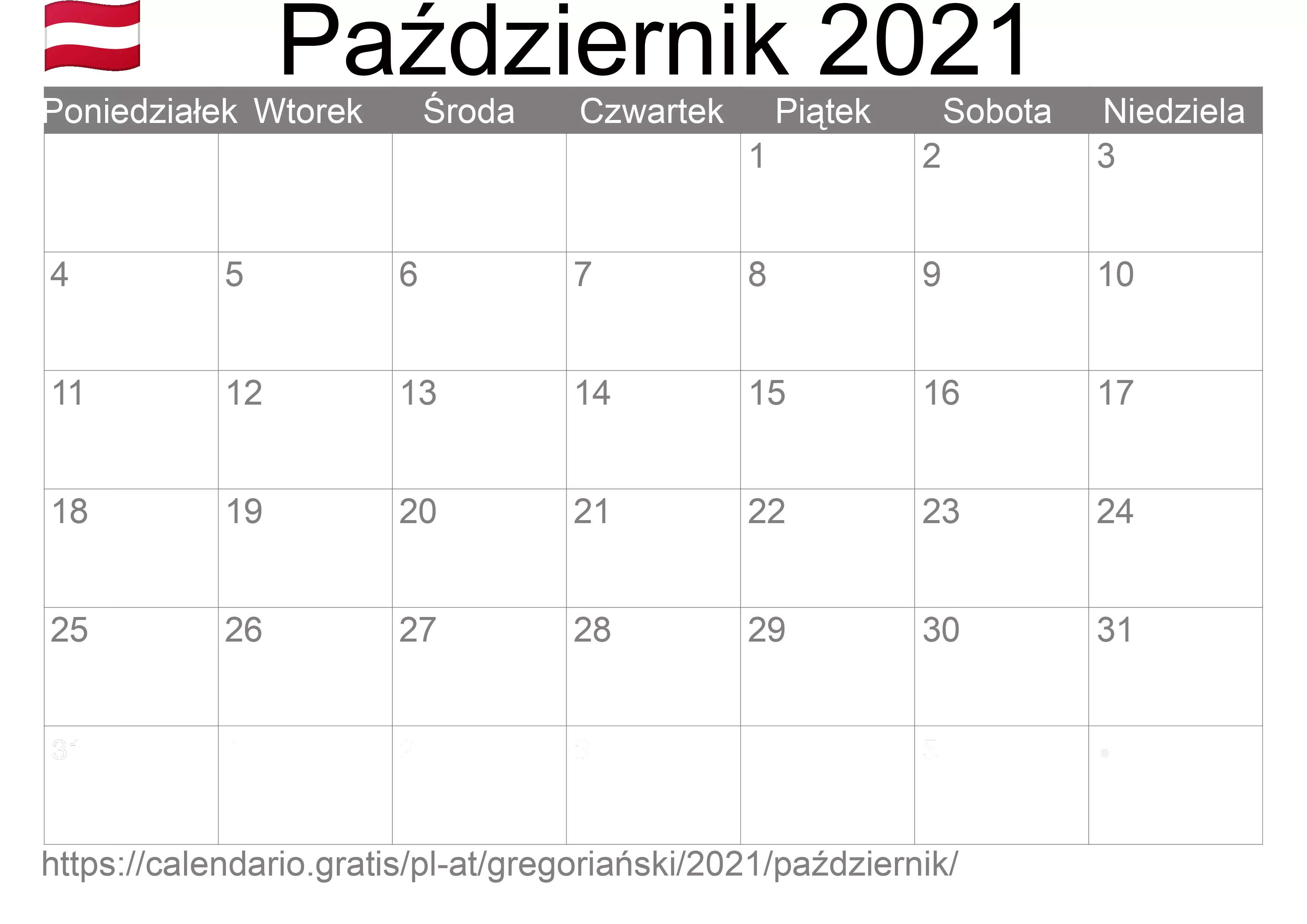 Kalendarz na Październik 2021 do druku (Austria) Kalendarz na Październik 2021 do druku (Austria)