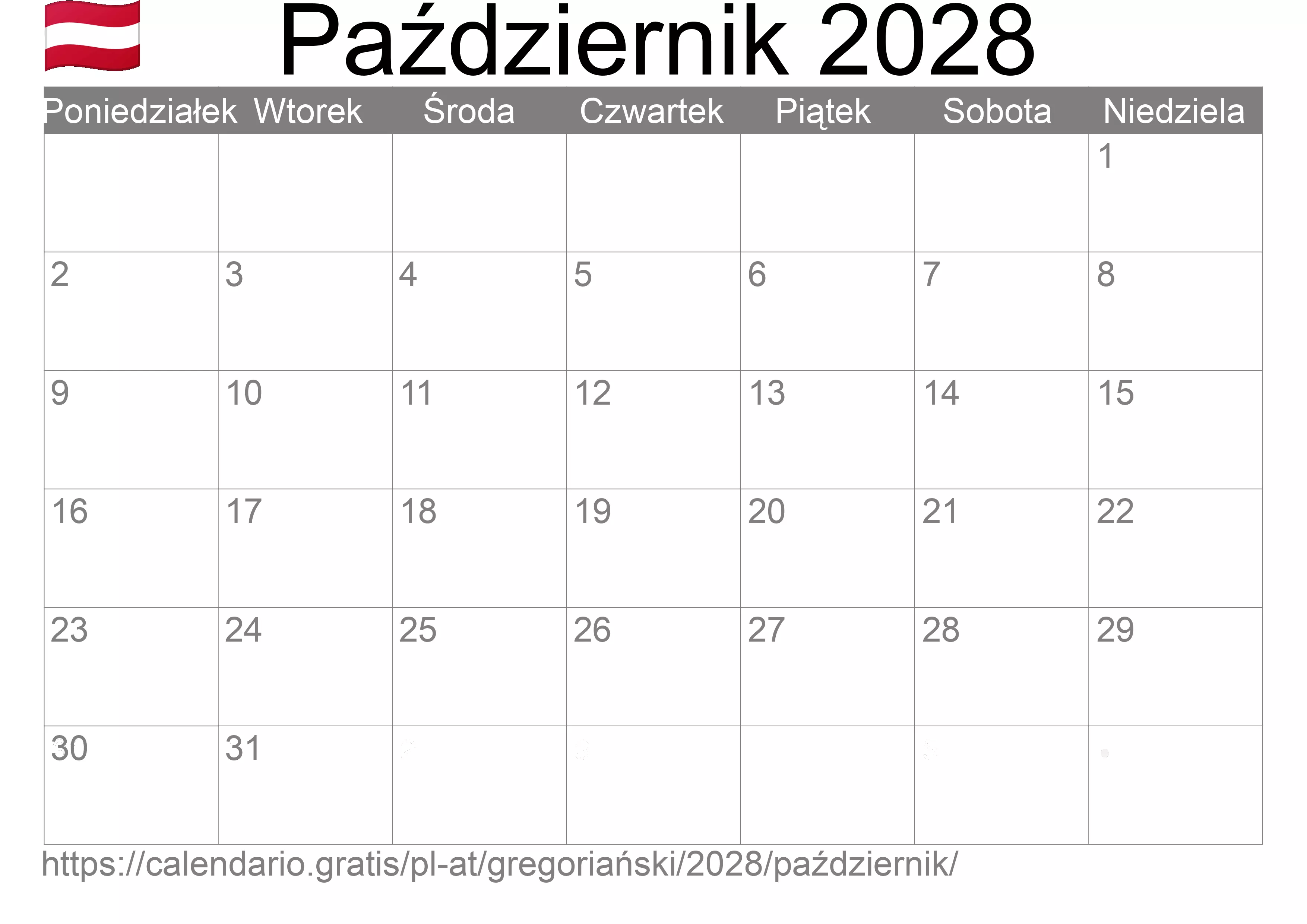 Kalendarz na Październik 2028 do druku (Austria) Kalendarz na Październik 2028 do druku (Austria)