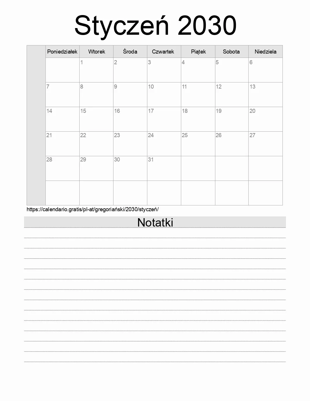 Kalendarz na Styczeń 2030 do druku z notatkami. (Austria) Kalendarz na Styczeń 2030 do druku z notatkami. (Austria)