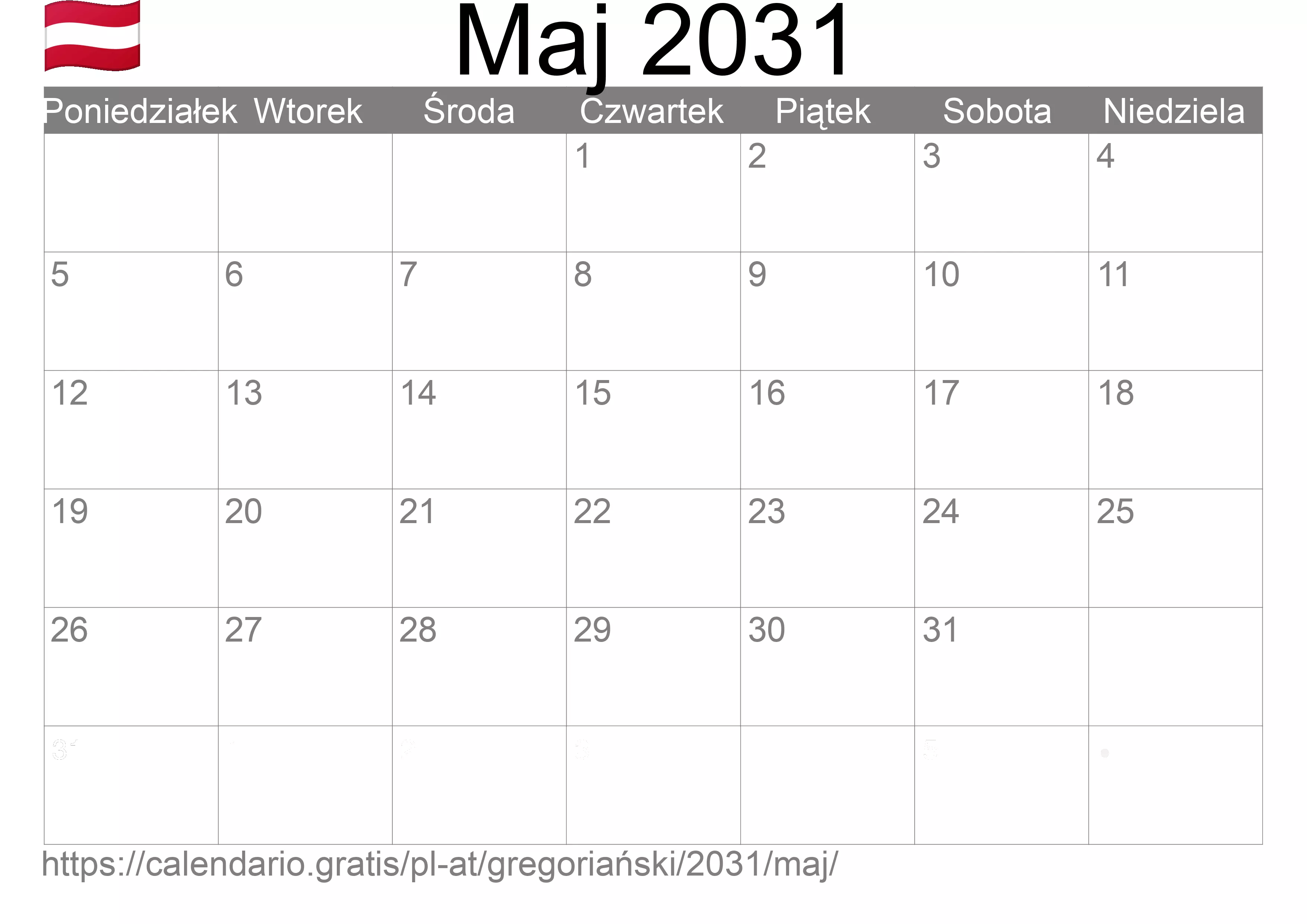 Kalendarz na Maj 2031 do druku (Austria) Kalendarz na Maj 2031 do druku (Austria)