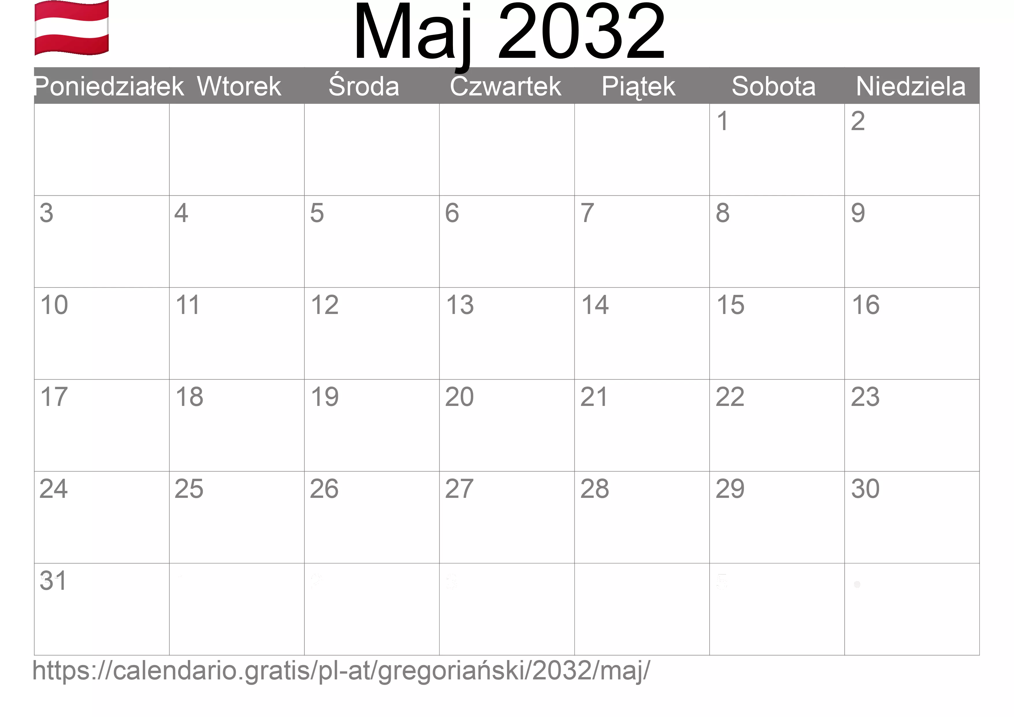 Kalendarz na Maj 2032 do druku (Austria)