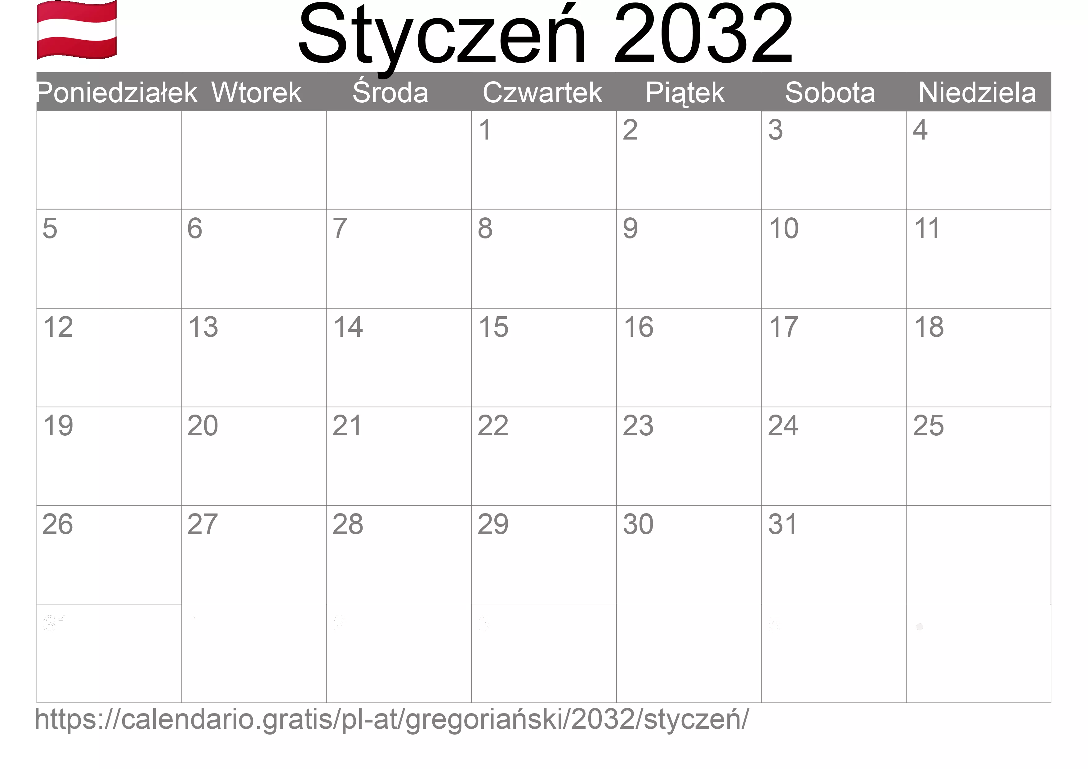 Kalendarz na Styczeń 2032 do druku (Austria) Kalendarz na Styczeń 2032 do druku (Austria)