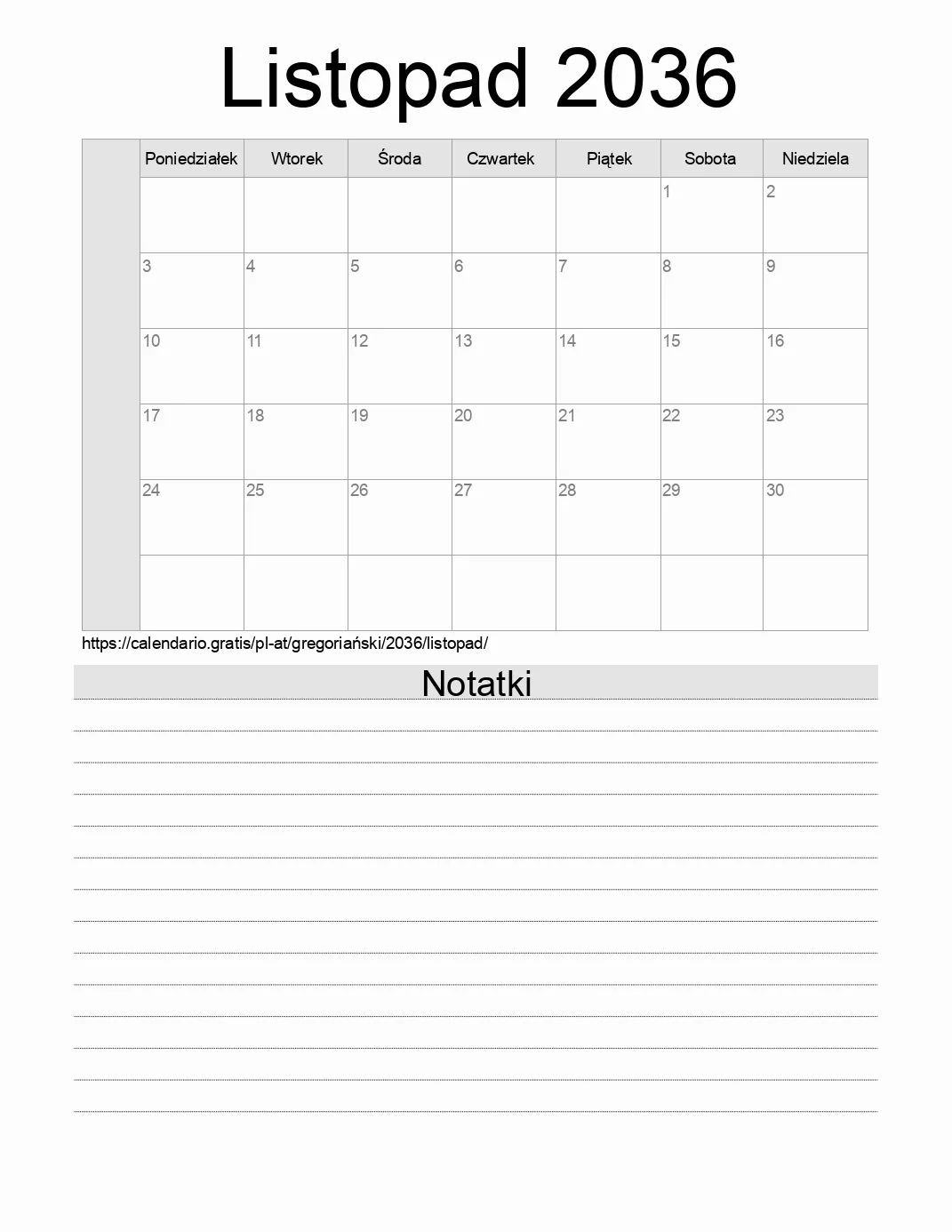 Kalendarz na Listopad 2036 do druku z notatkami. (Austria)