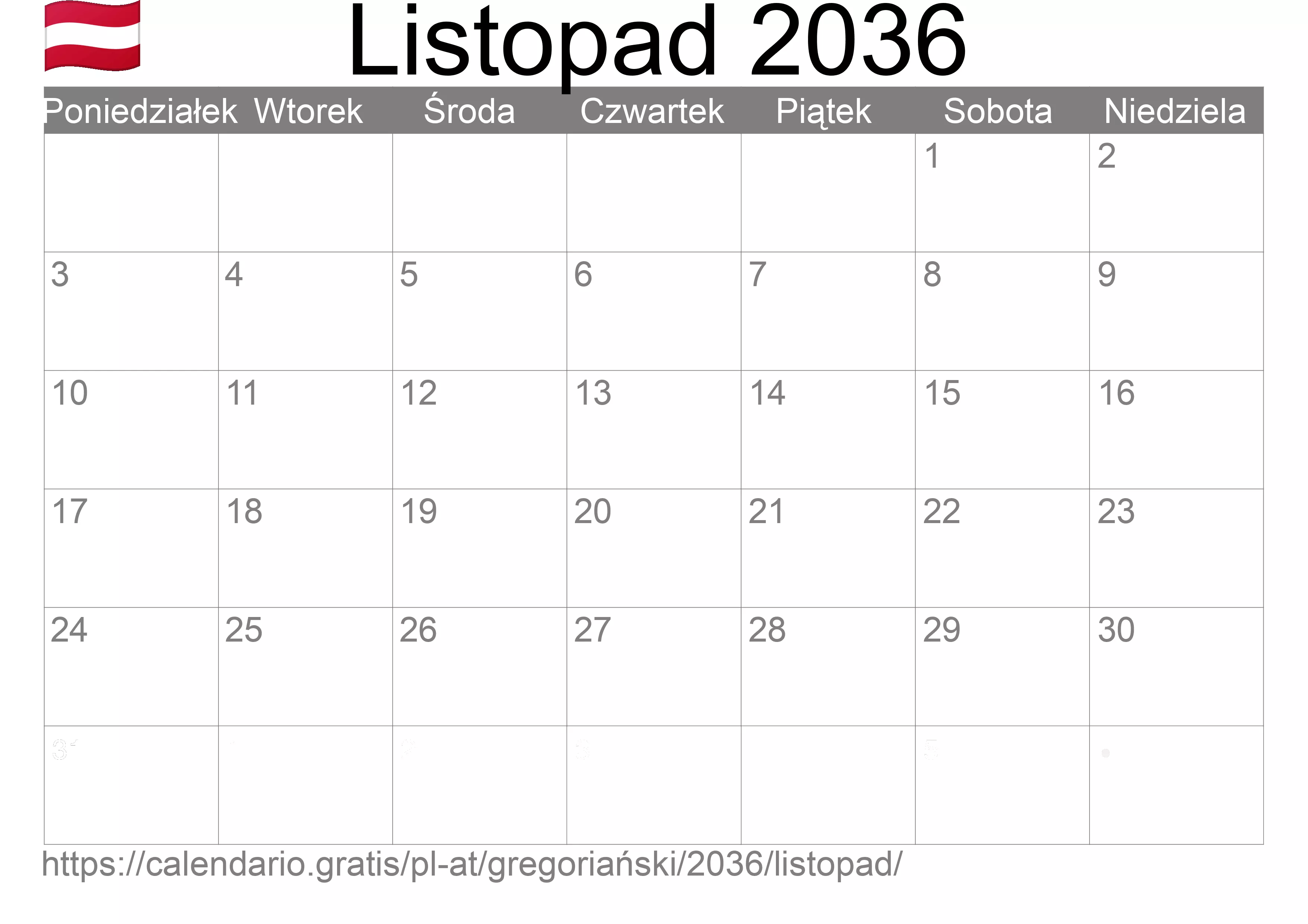 Kalendarz na Listopad 2036 do druku (Austria)