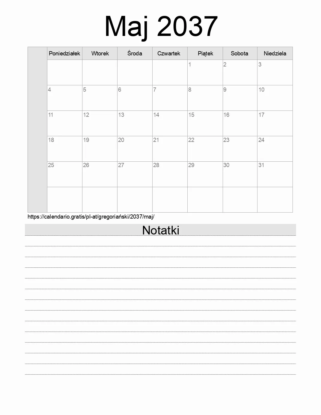 Kalendarz na Maj 2037 do druku z notatkami. (Austria) Kalendarz na Maj 2037 do druku z notatkami. (Austria)