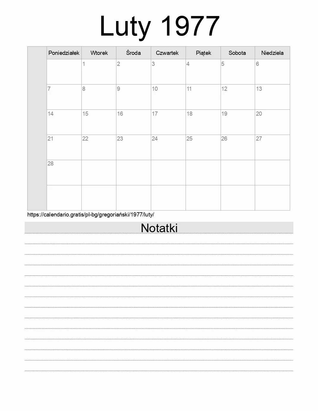 Kalendarz na Luty 1977 do druku z notatkami. (Bułgaria)