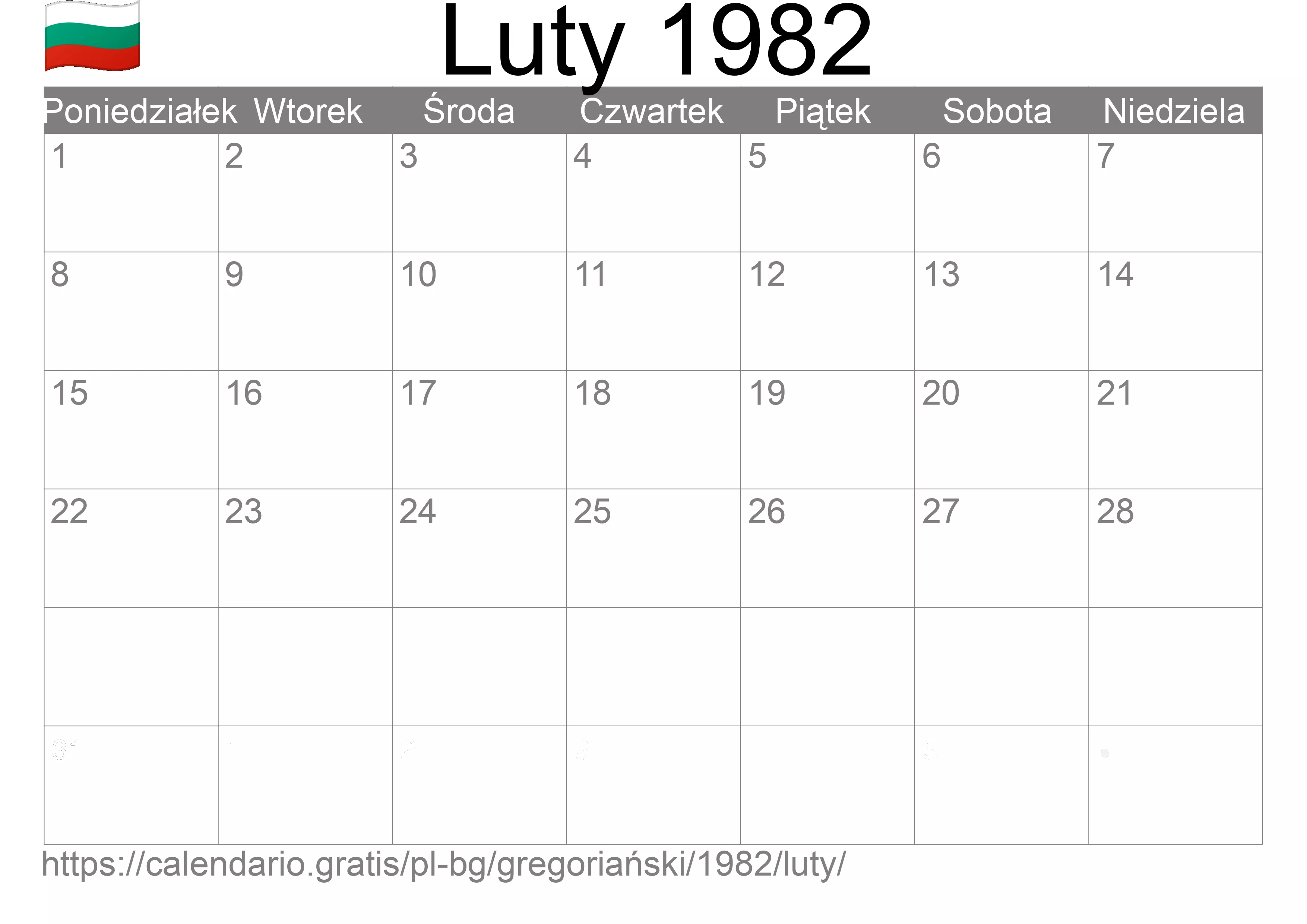 Kalendarz na Luty 1982 do druku (Bułgaria)