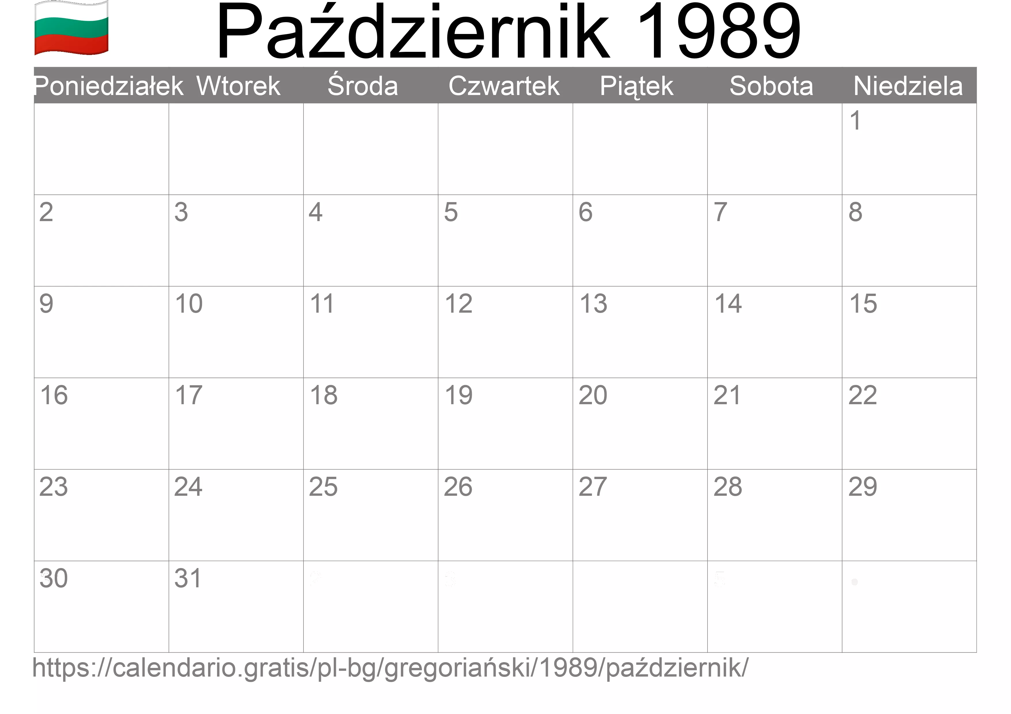 Kalendarz na Październik 1989 do druku (Bułgaria) Kalendarz na Październik 1989 do druku (Bułgaria)