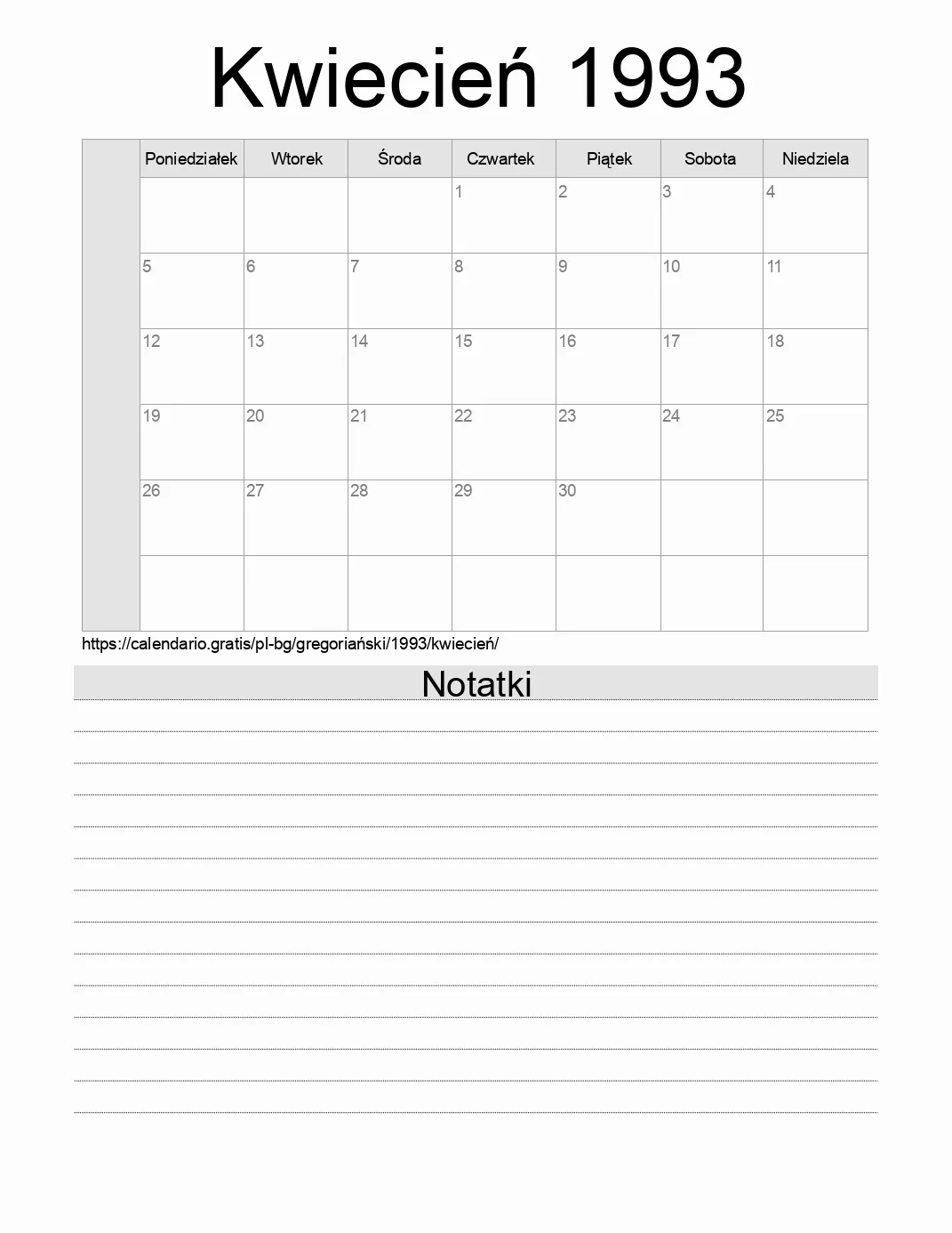 Kalendarz na Kwiecień 1993 do druku z notatkami. (Bułgaria)