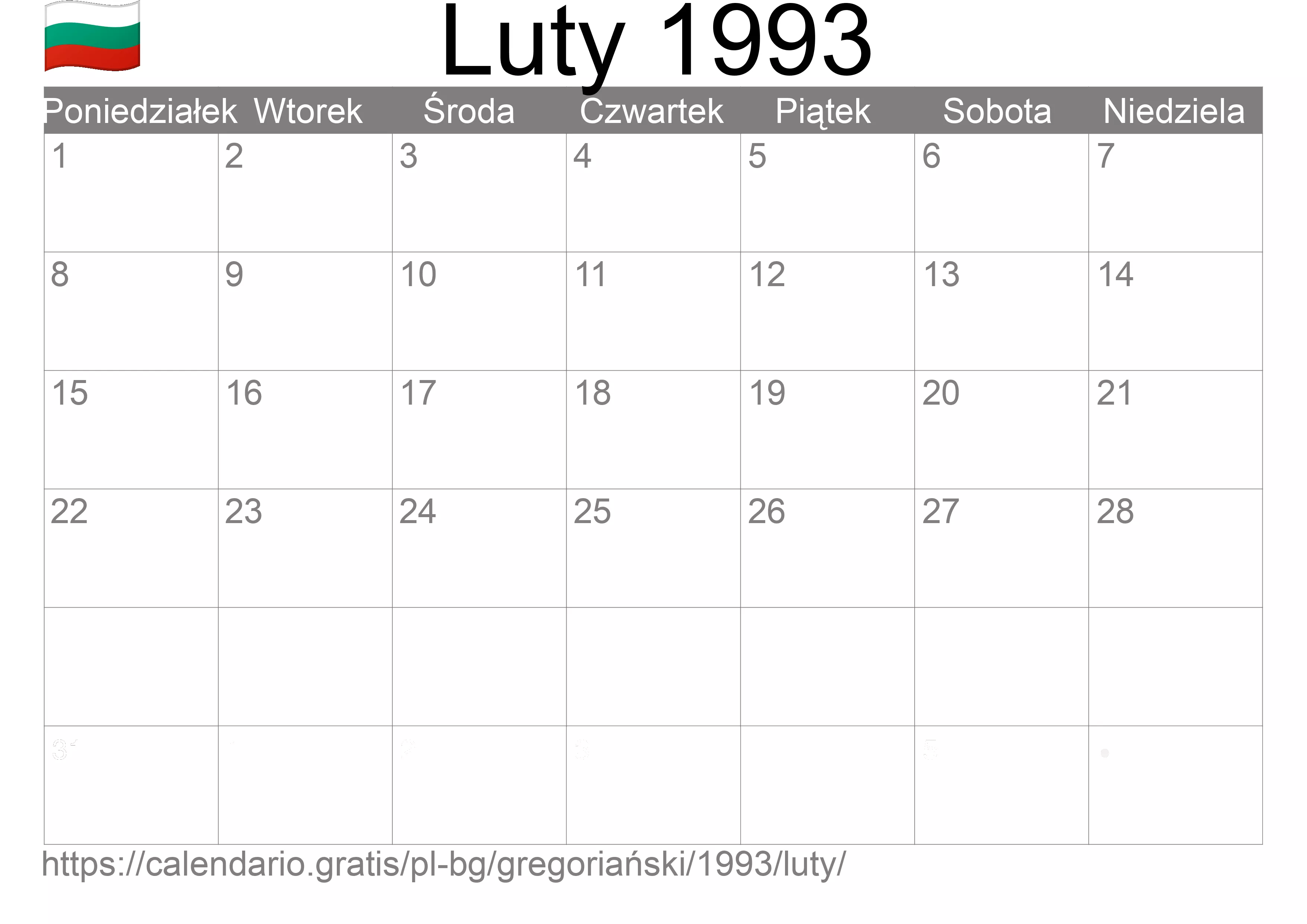 Kalendarz na Luty 1993 do druku (Bułgaria)