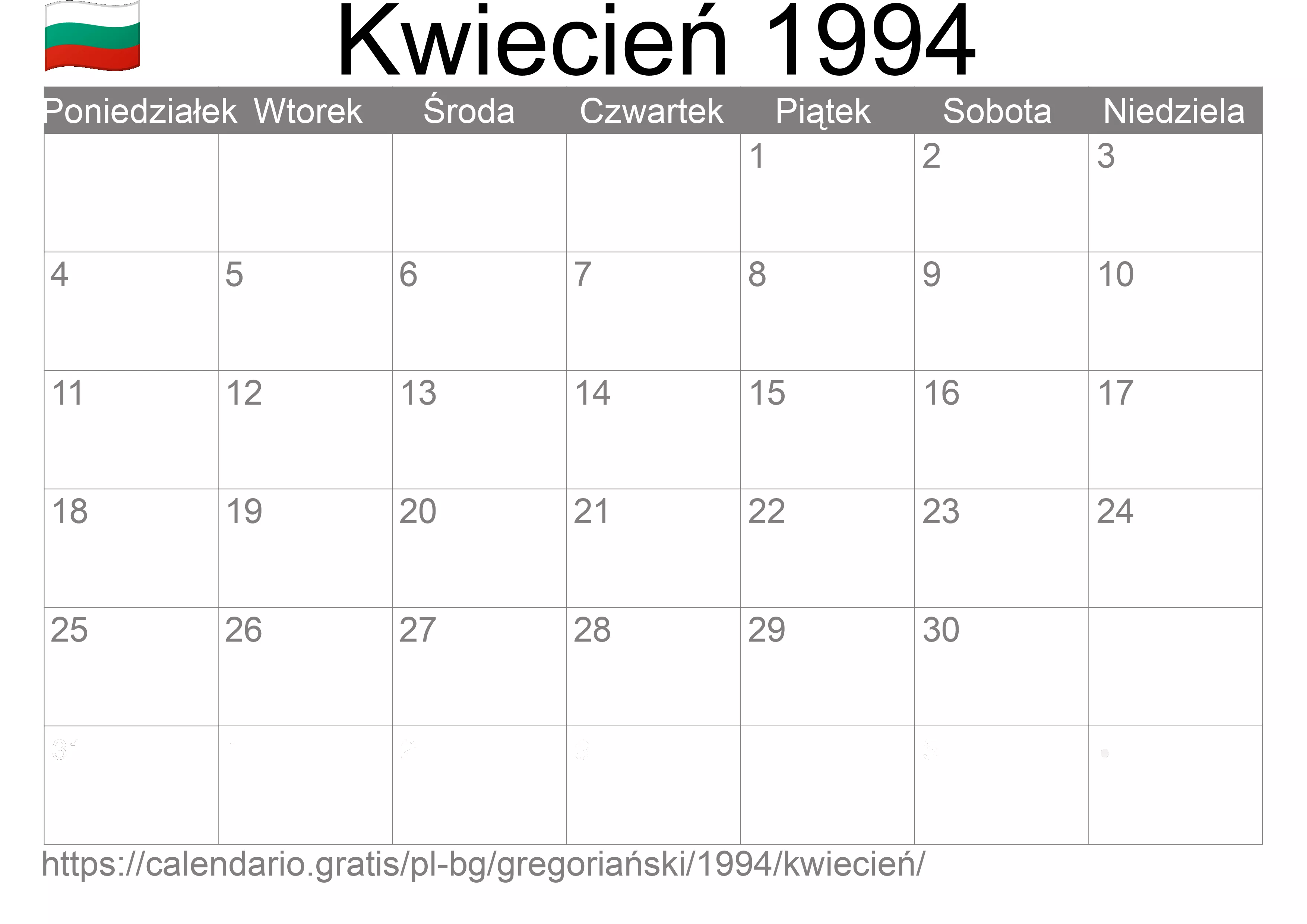 Kalendarz na Kwiecień 1994 do druku (Bułgaria)