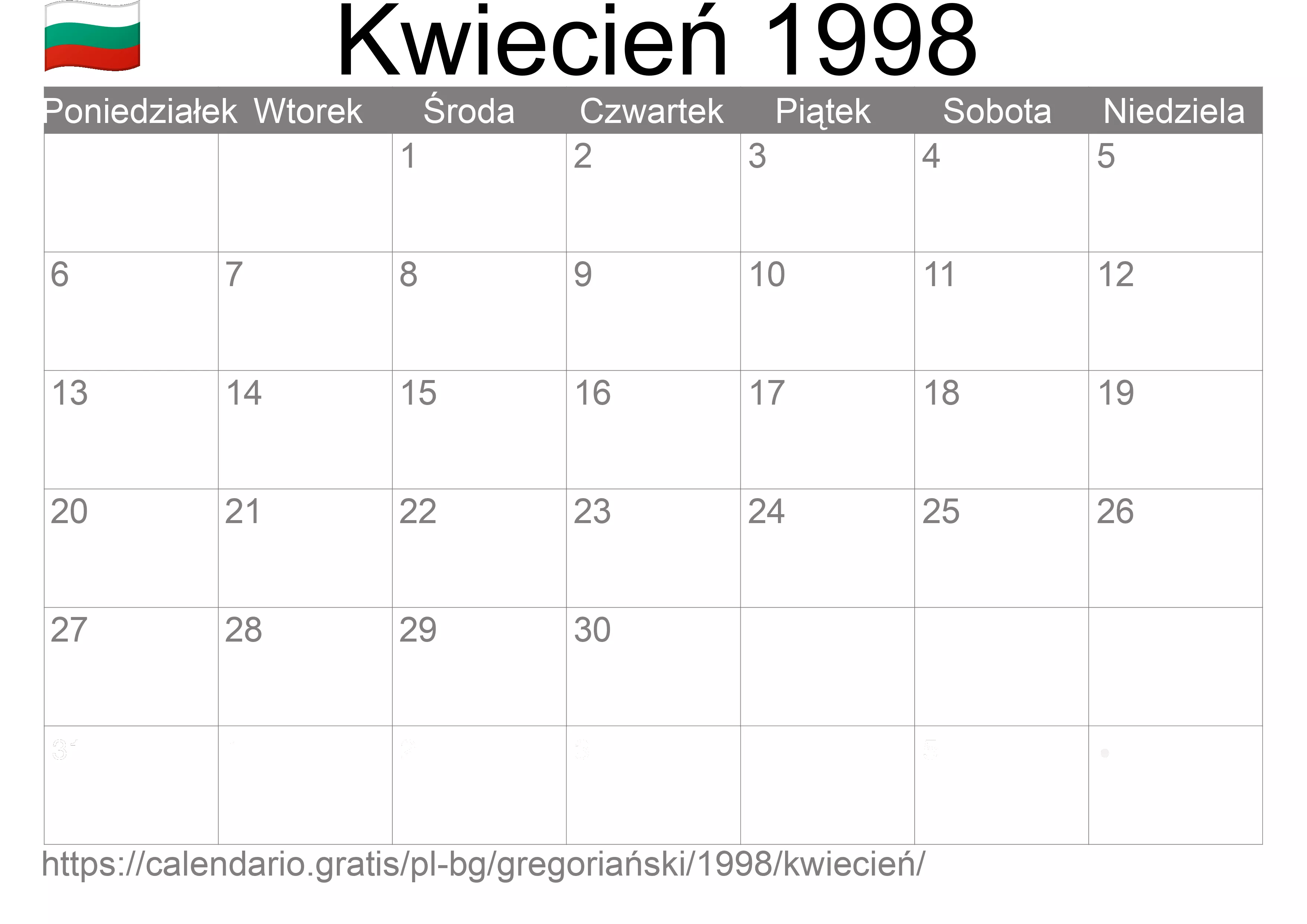 Kalendarz na Kwiecień 1998 do druku (Bułgaria)