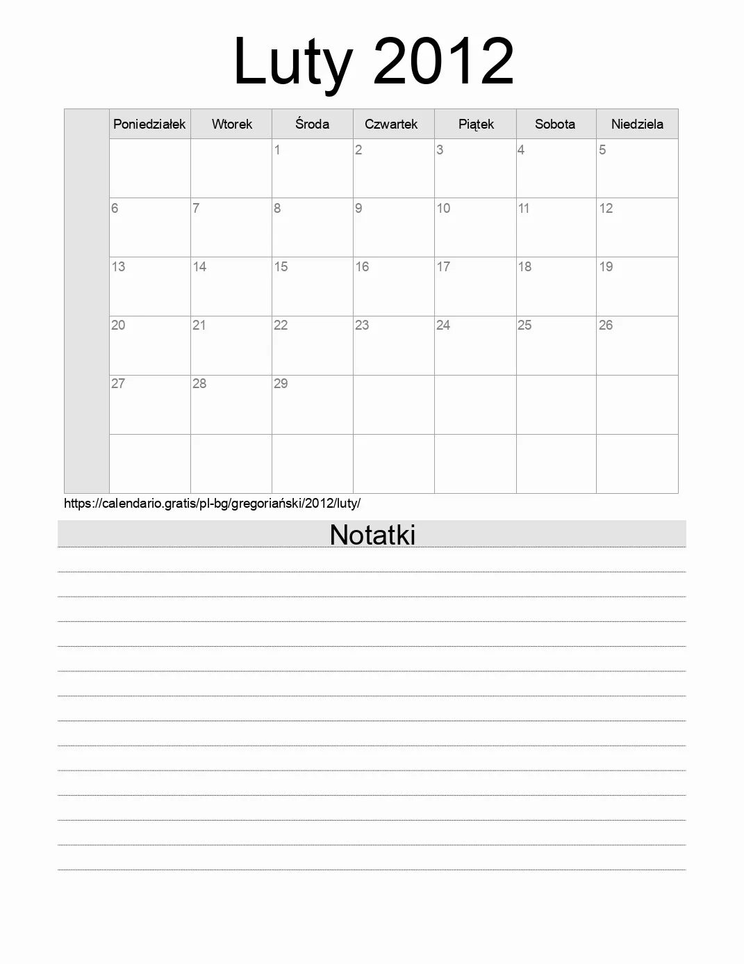 Kalendarz na Luty 2012 do druku z notatkami. (Bułgaria)