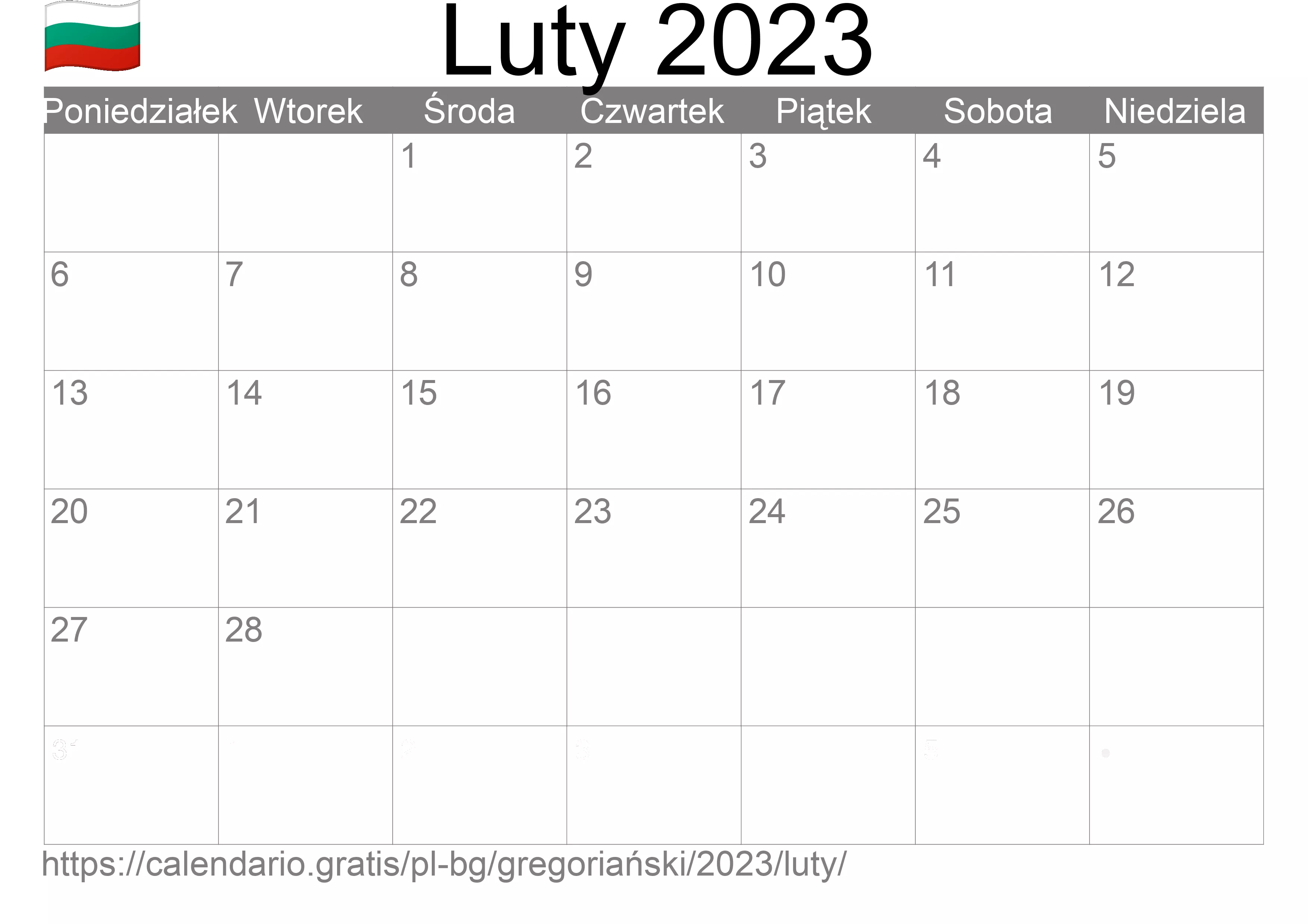 Kalendarz na Luty 2023 do druku (Bułgaria)