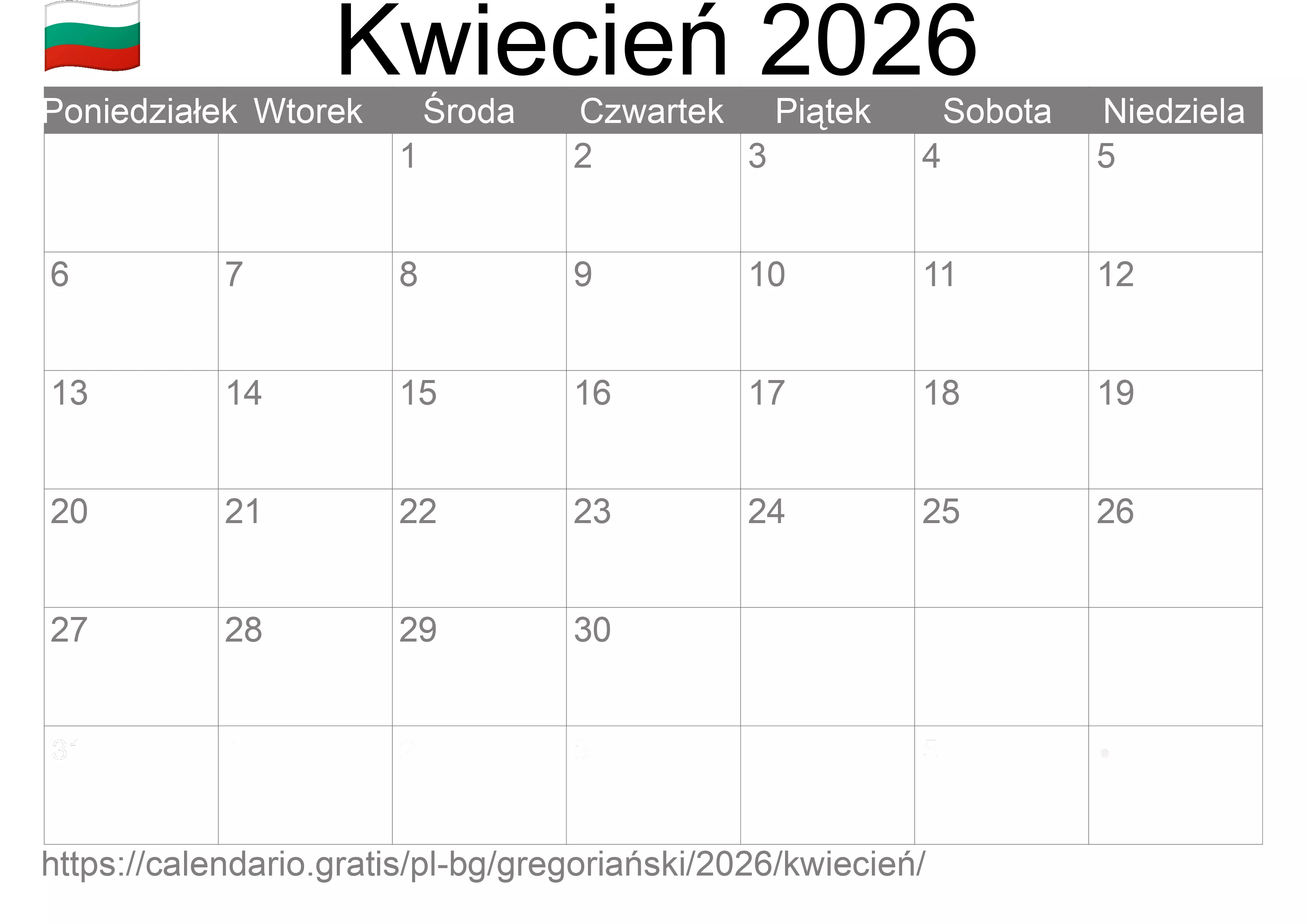 Kalendarz na Kwiecień 2026 do druku (Bułgaria)