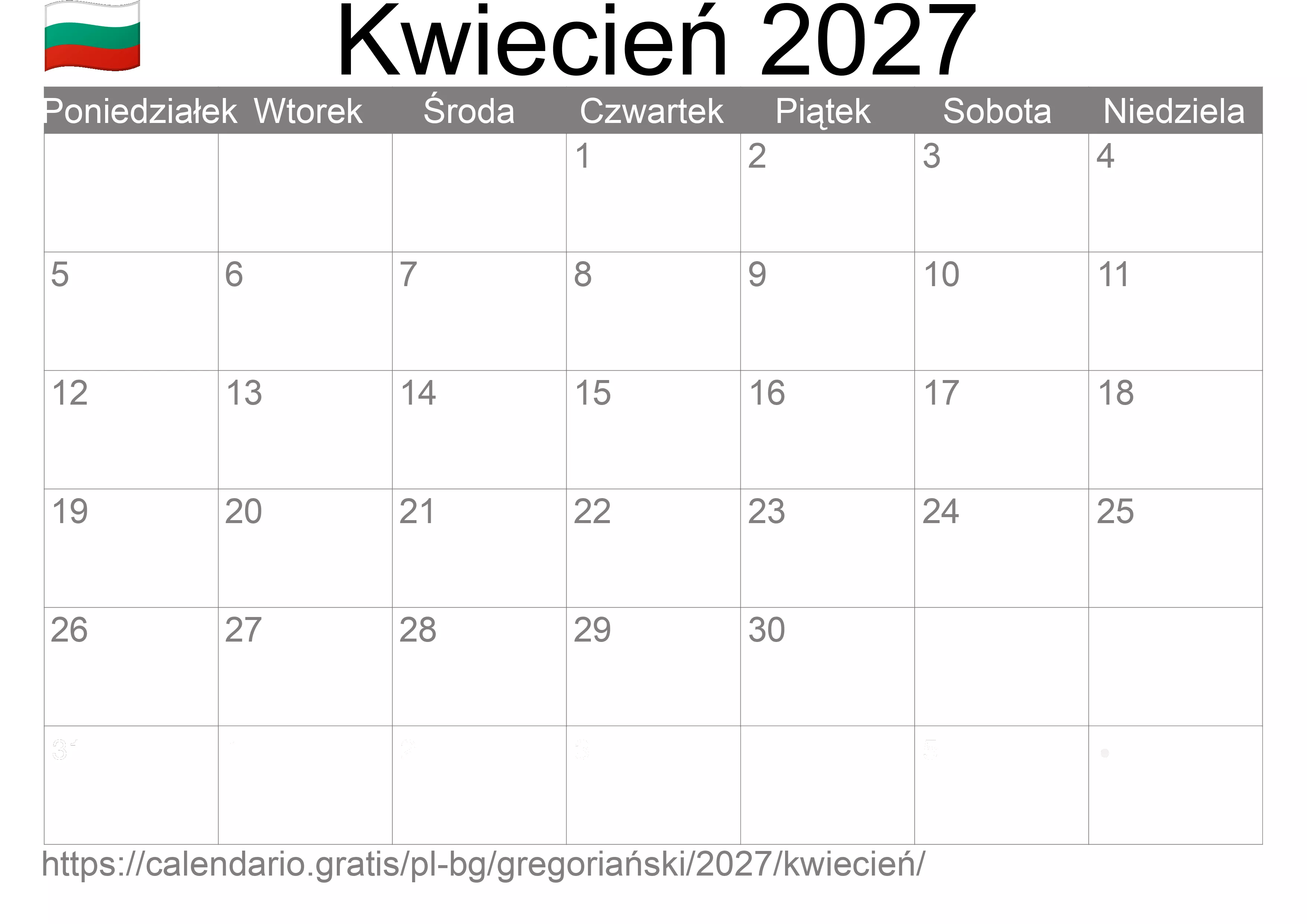 Kalendarz na Kwiecień 2027 do druku (Bułgaria)