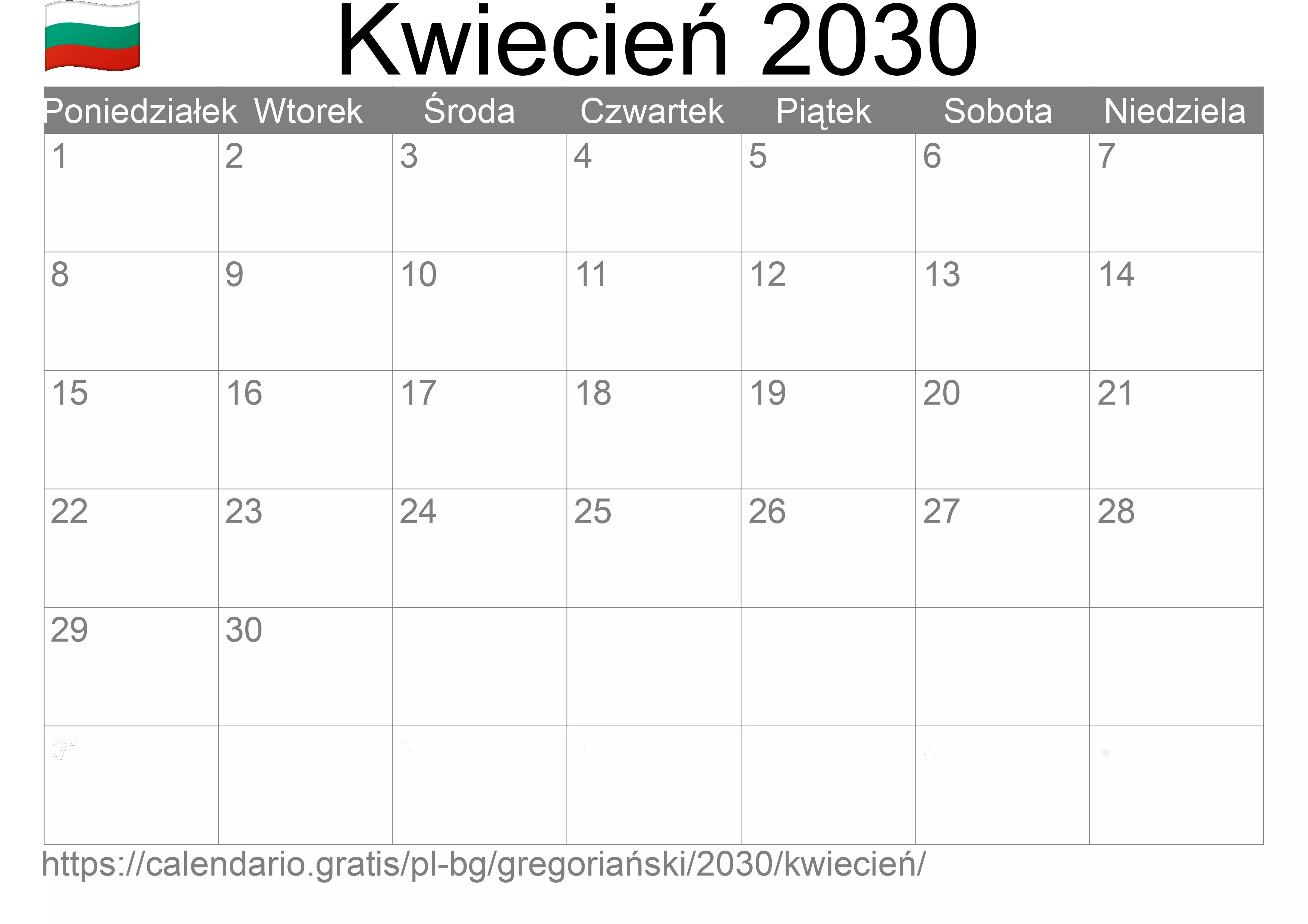 Kalendarz na Kwiecień 2030 do druku (Bułgaria)