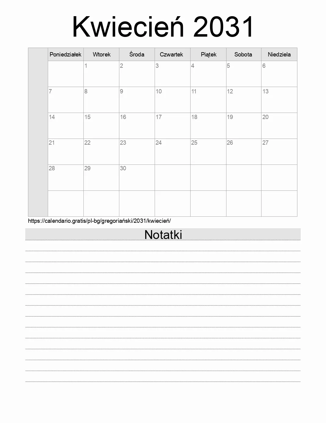 Kalendarz na Kwiecień 2031 do druku z notatkami. (Bułgaria)