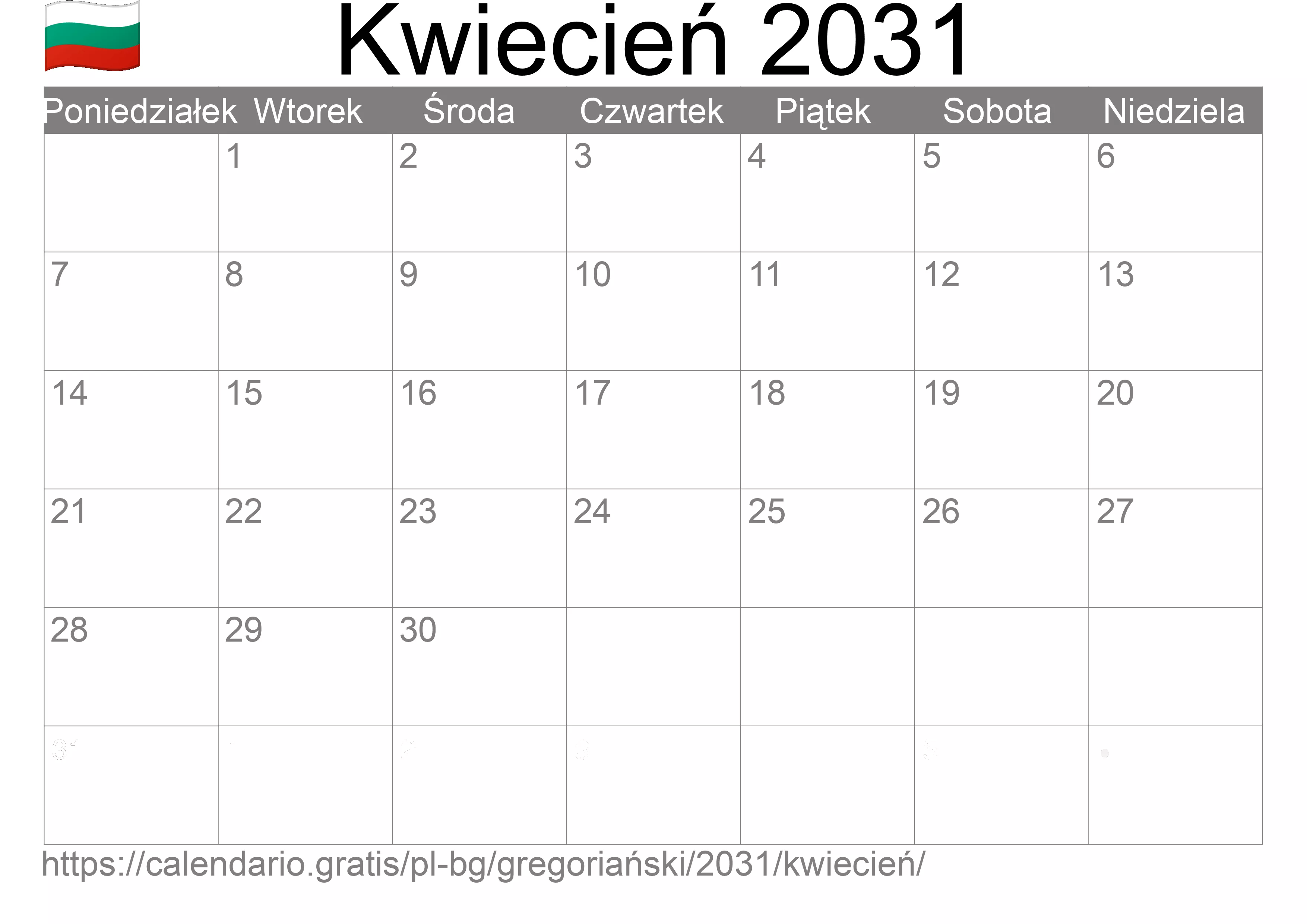 Kalendarz na Kwiecień 2031 do druku (Bułgaria)
