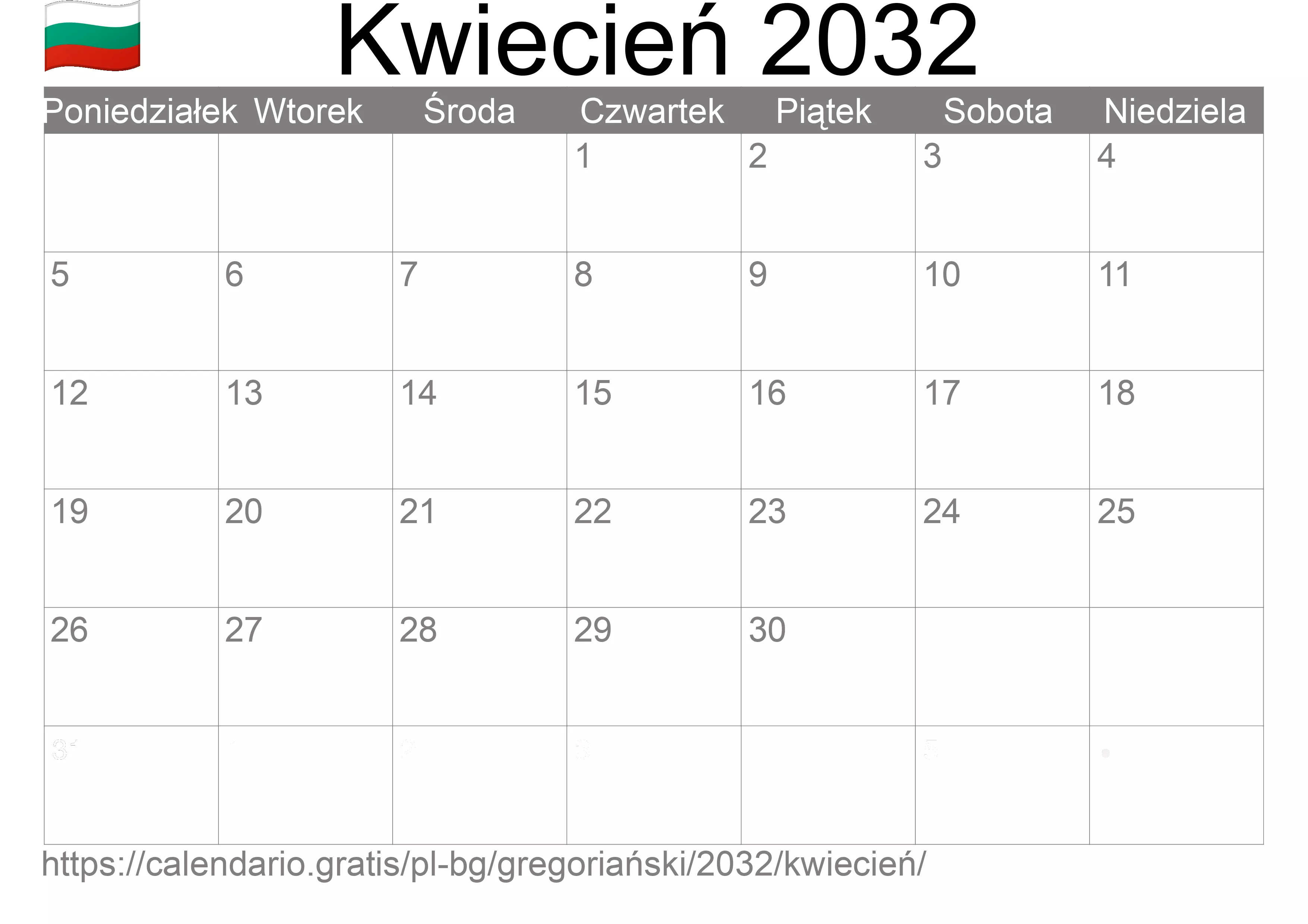Kalendarz na Kwiecień 2032 do druku (Bułgaria)
