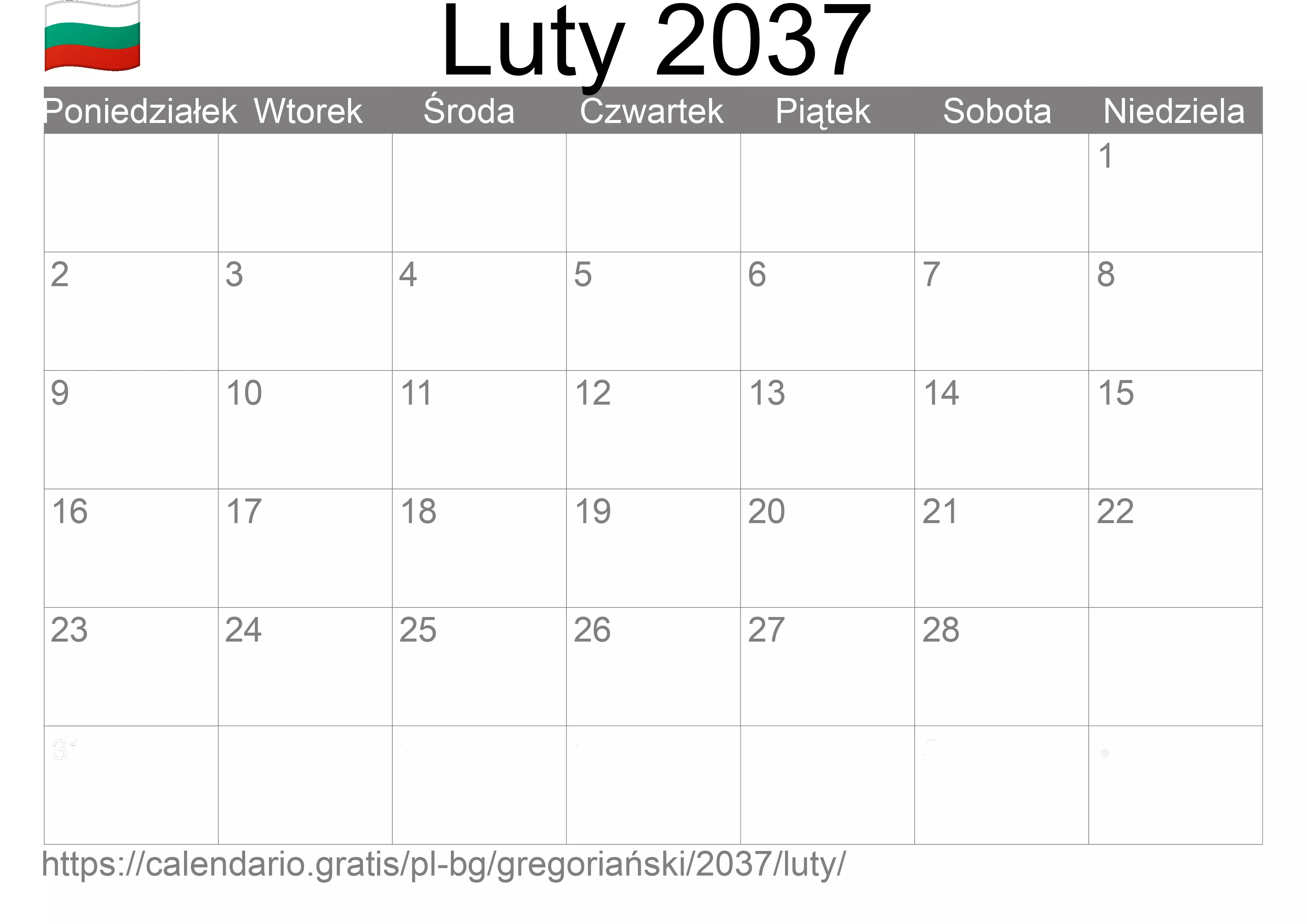 Kalendarz na Luty 2037 do druku (Bułgaria)