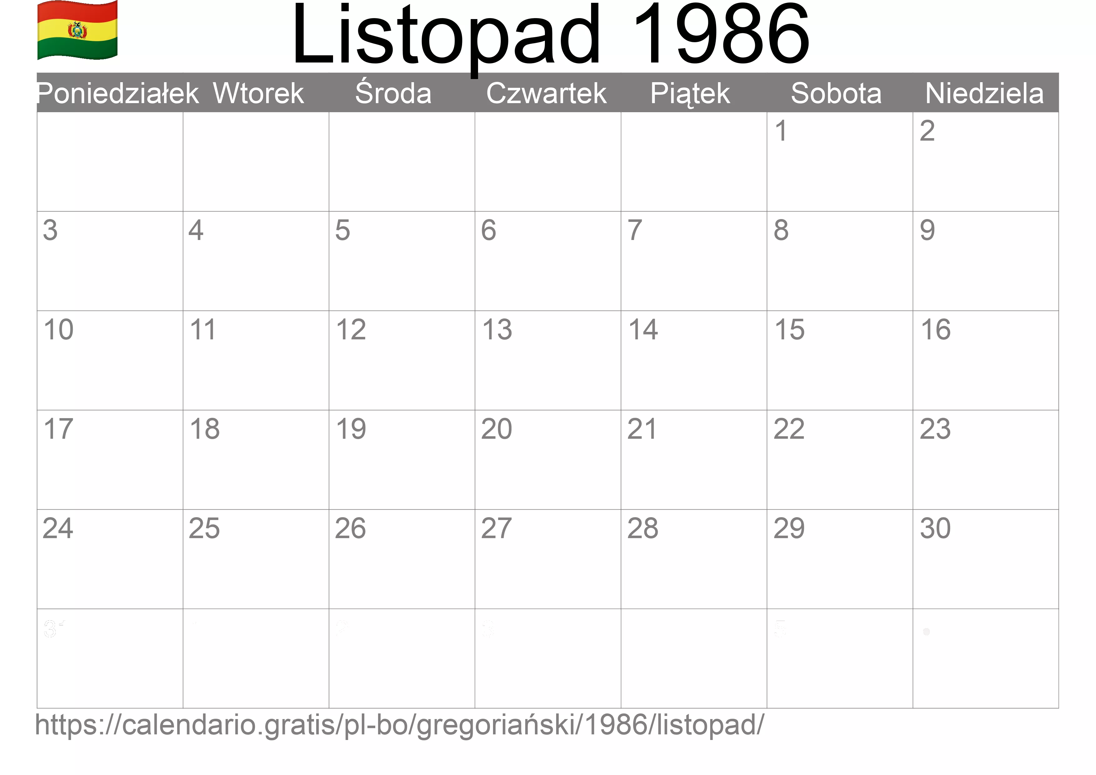Kalendarz na Listopad 1986 do druku (Boliwia)
