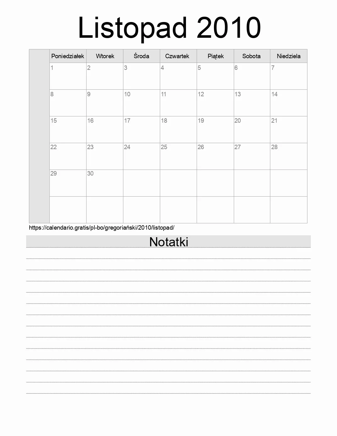 Kalendarz na Listopad 2010 do druku z notatkami. (Boliwia)