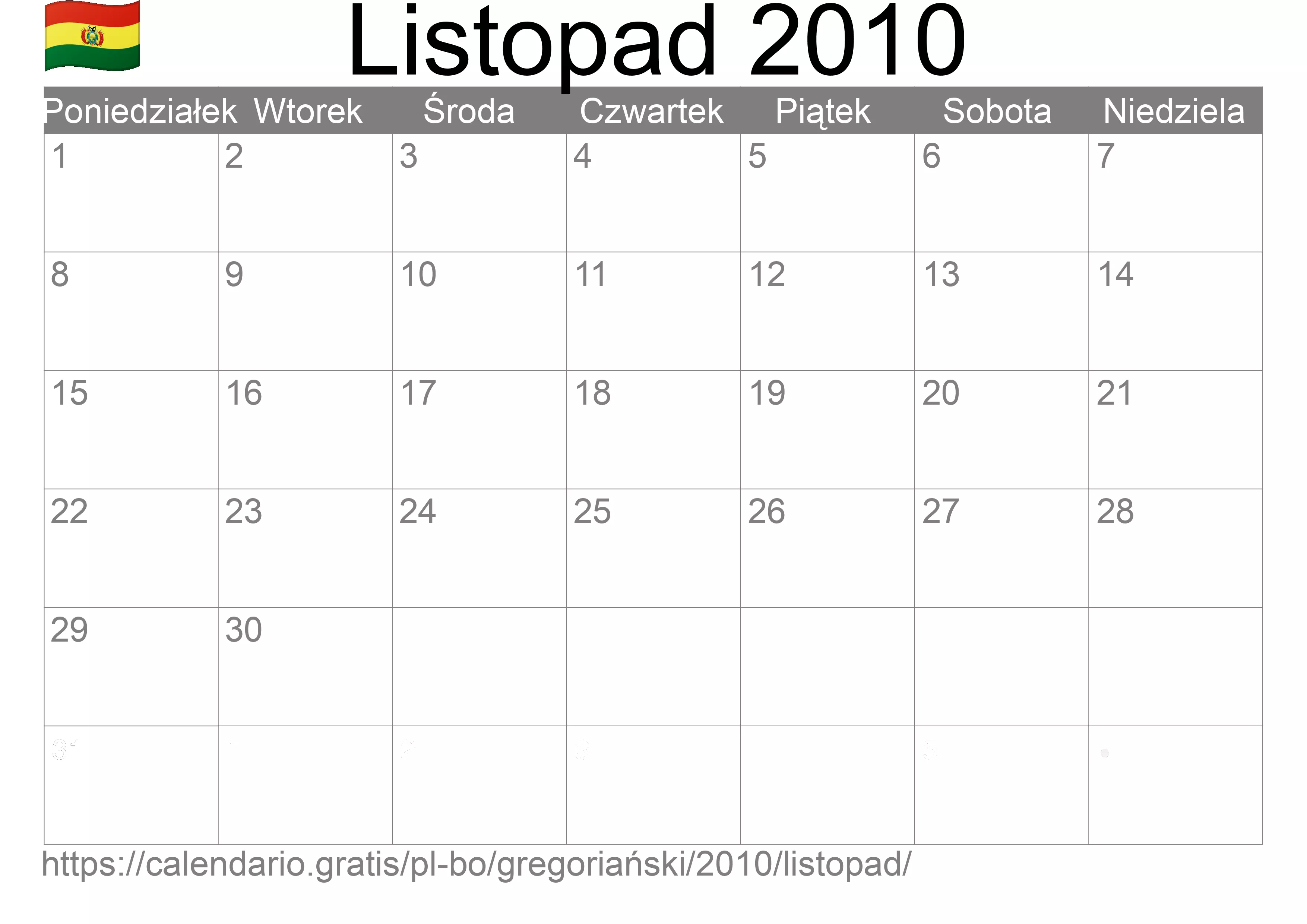 Kalendarz na Listopad 2010 do druku (Boliwia)