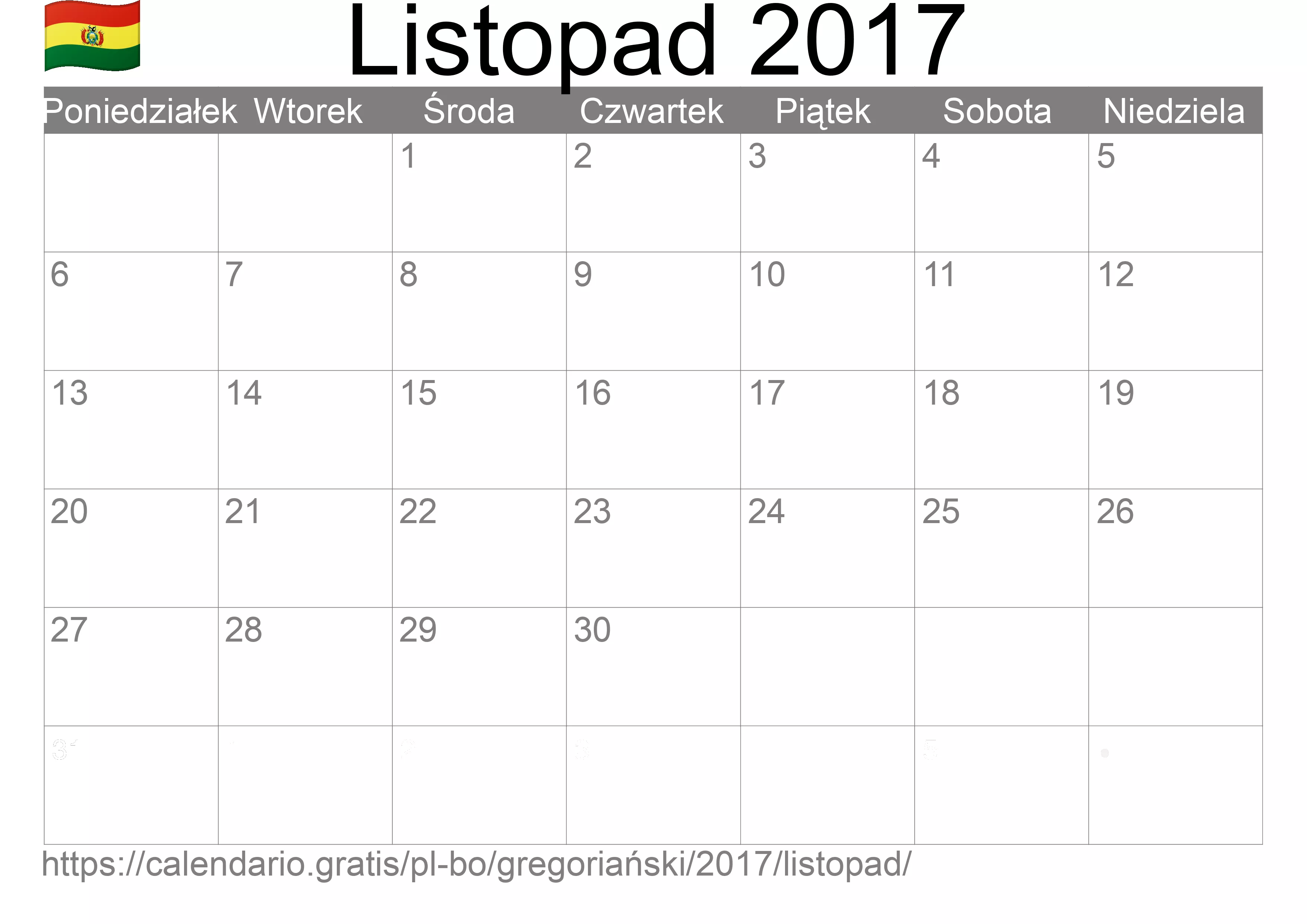 Kalendarz na Listopad 2017 do druku (Boliwia)