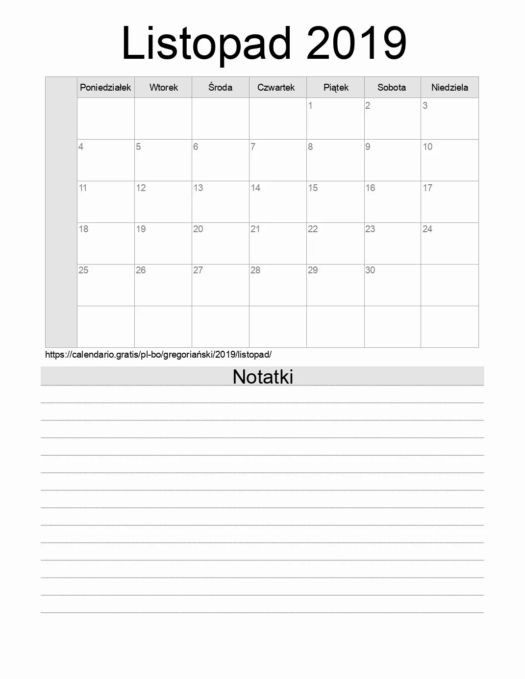 Kalendarz na Listopad 2019 do druku z notatkami. (Boliwia)