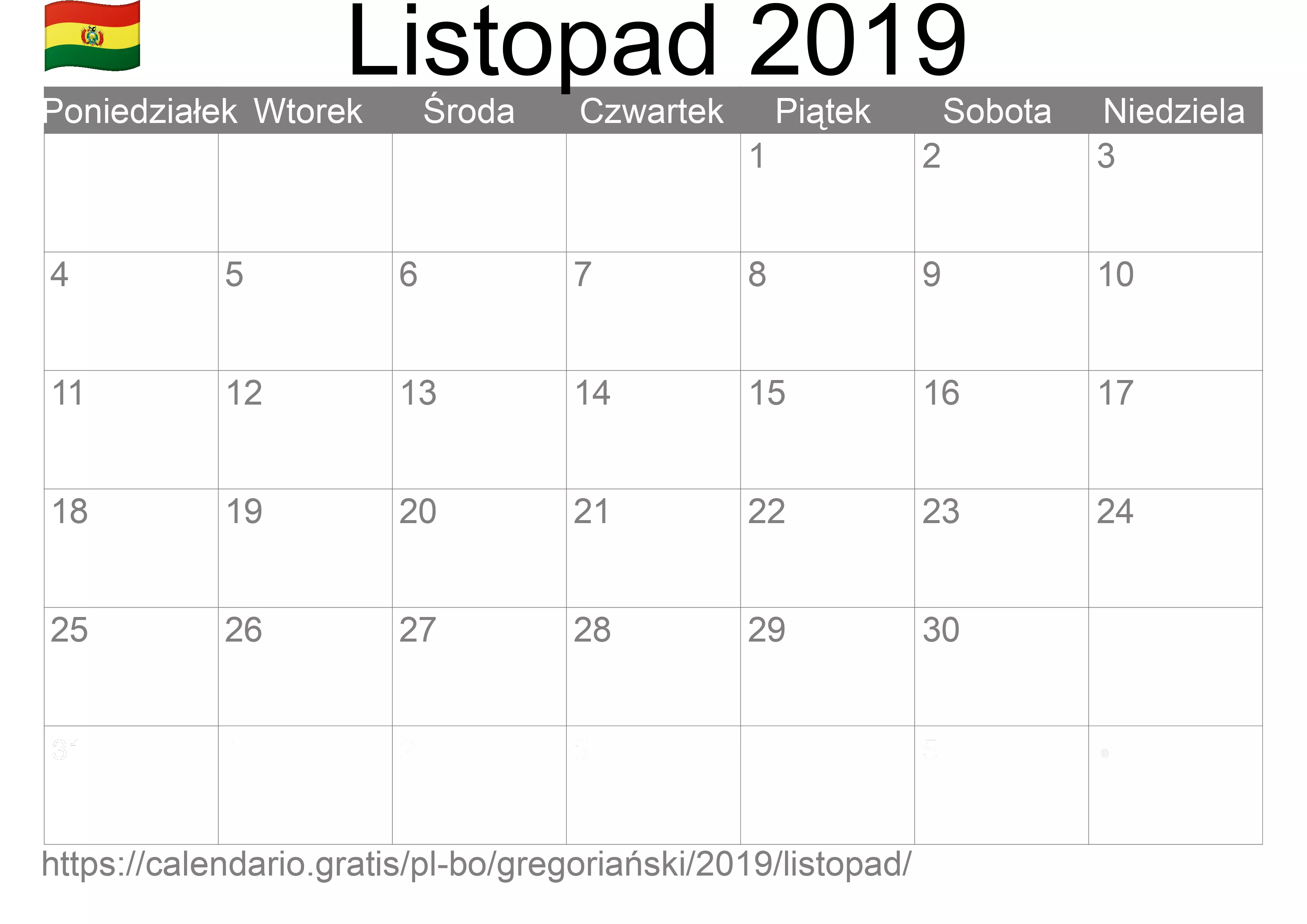 Kalendarz na Listopad 2019 do druku (Boliwia)