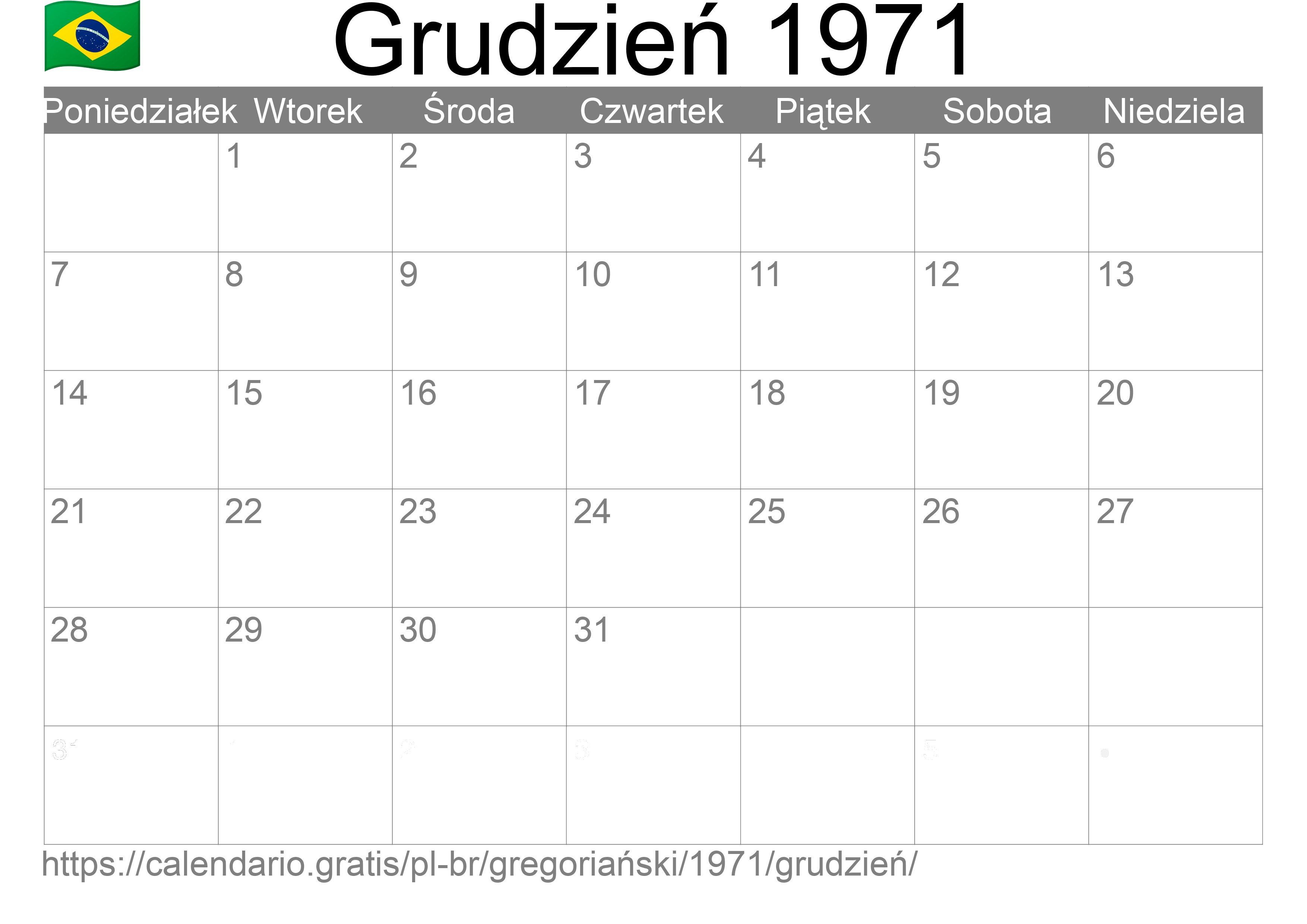 Kalendarz na Grudzień 1971 do druku