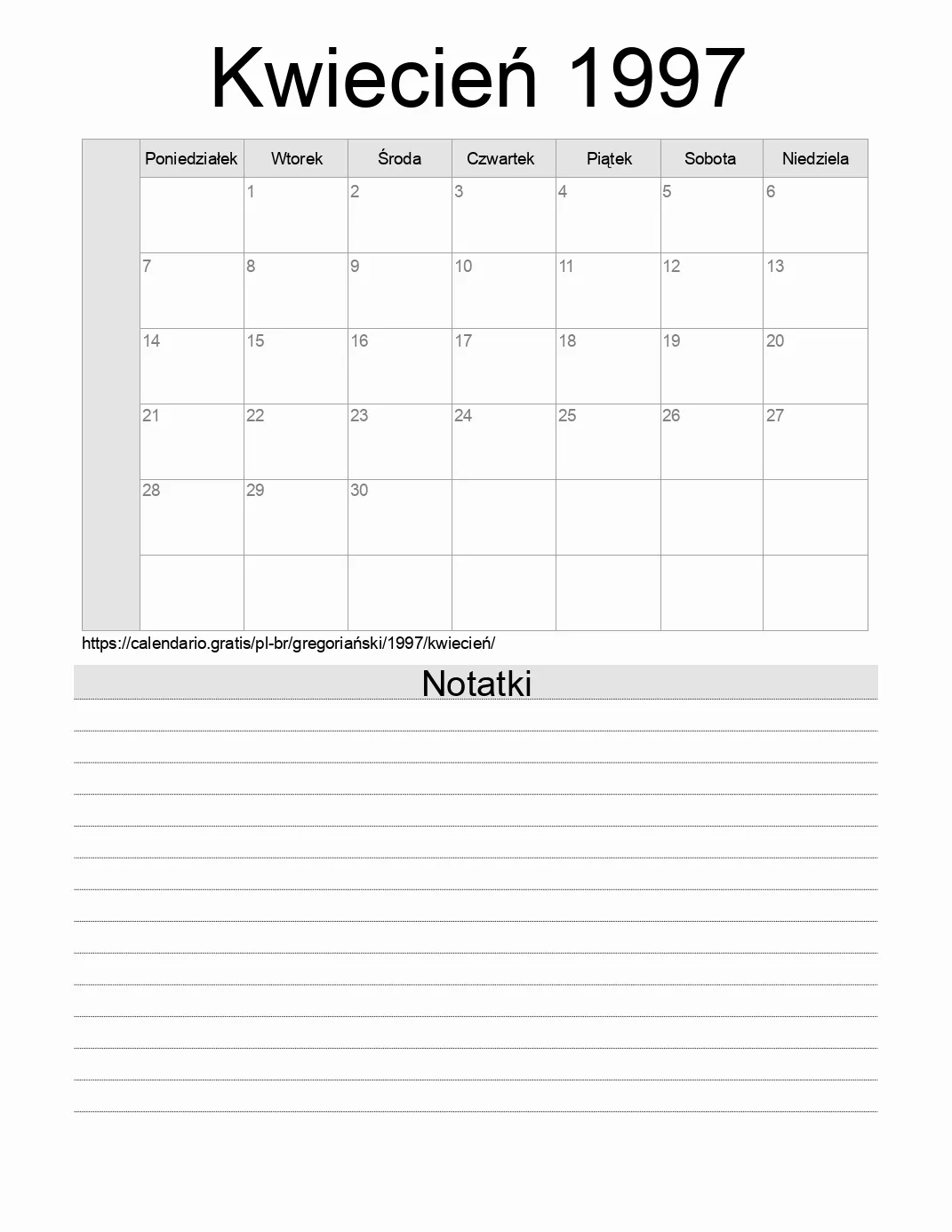 Kalendarz na Kwiecień 1997 do druku z notatkami. (Brazylia)