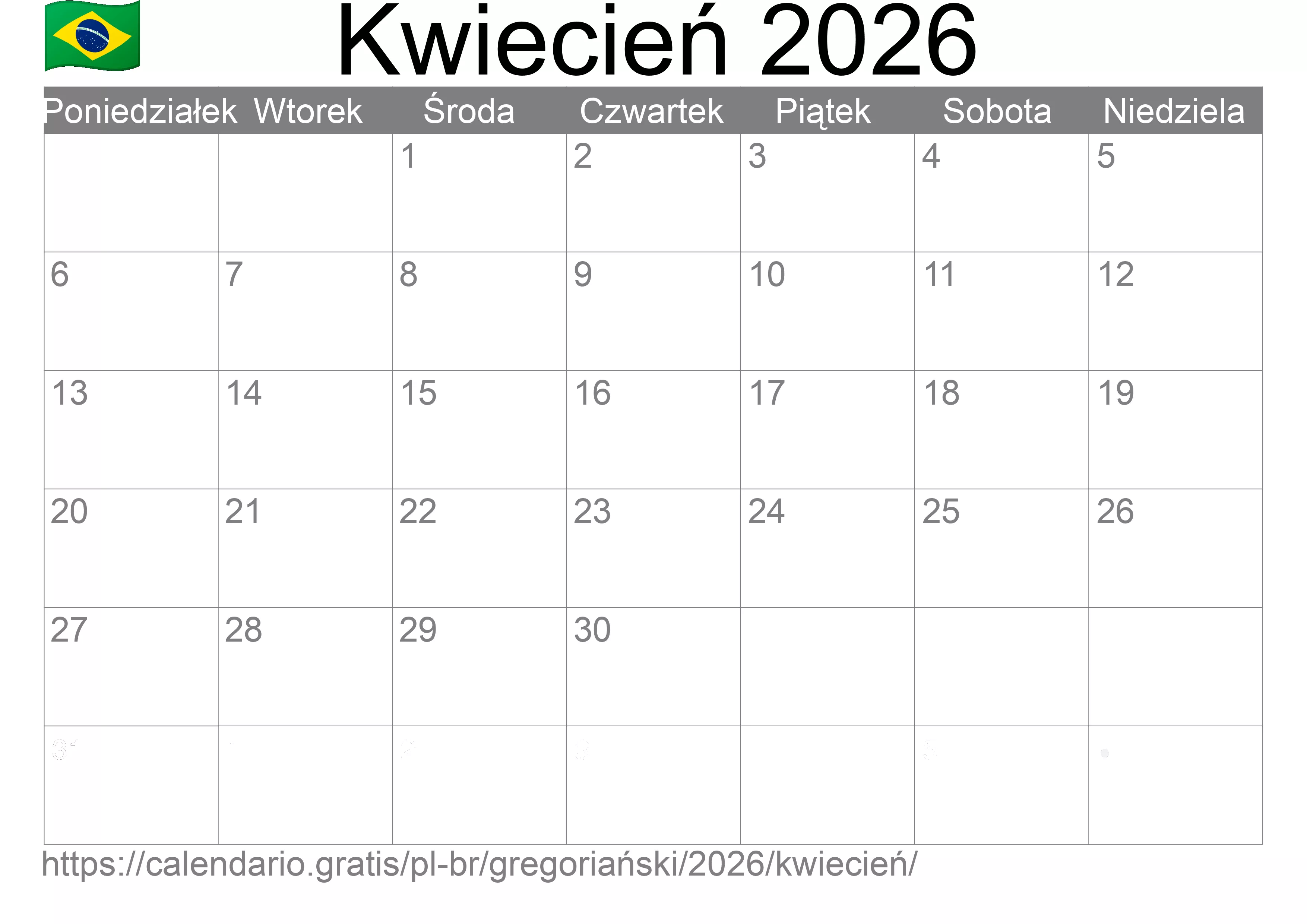Kalendarz na Kwiecień 2026 do druku (Brazylia)