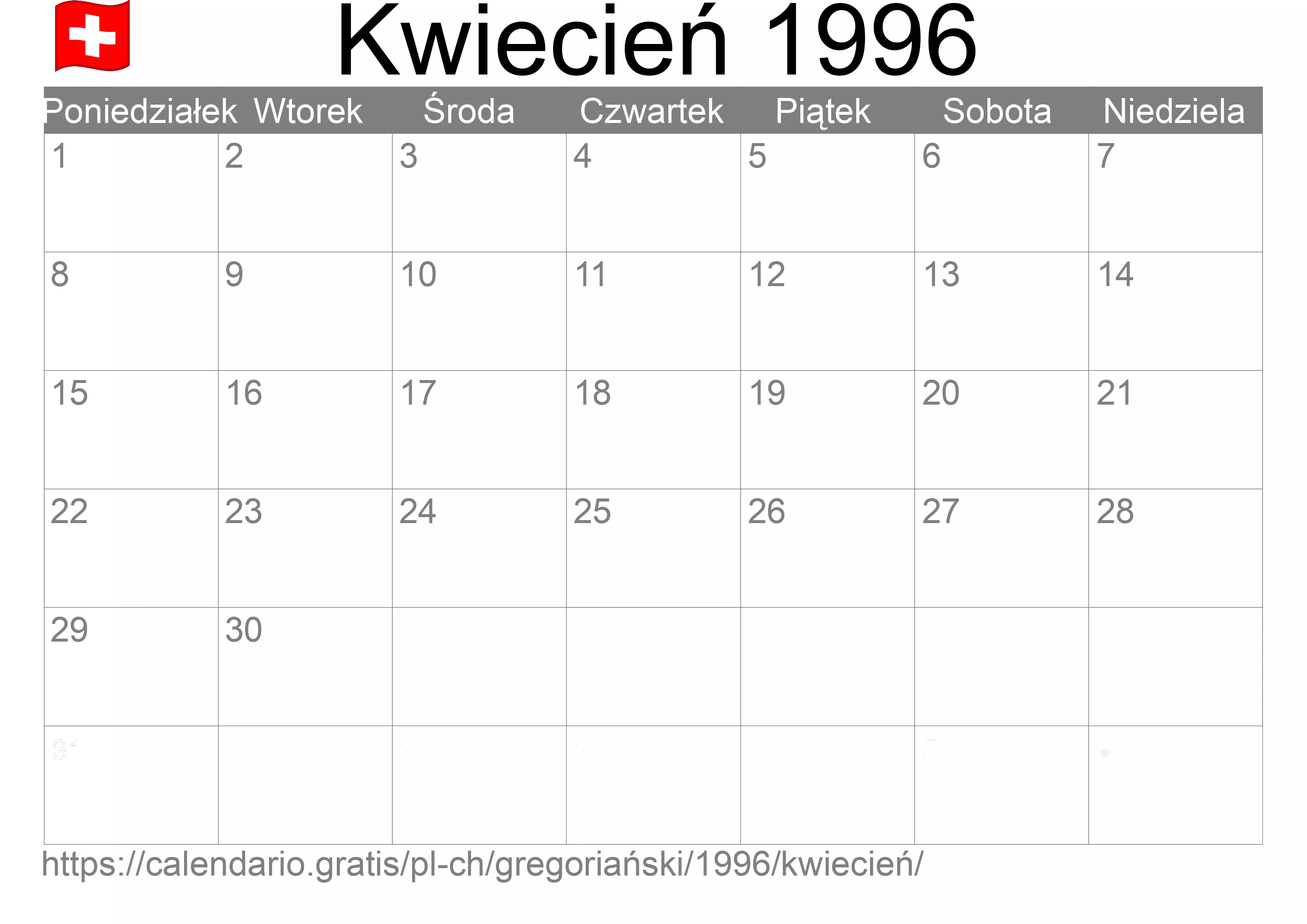 Kalendarz na Kwiecień 1996 do druku (Szwajcaria)