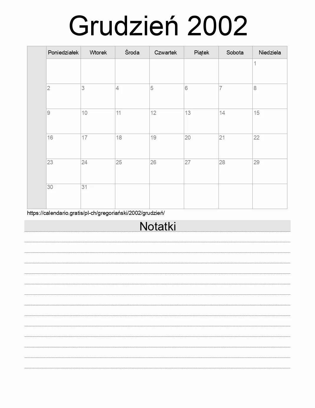 Kalendarz na Grudzień 2002 do druku z notatkami. (Szwajcaria) Kalendarz na Grudzień 2002 do druku z notatkami. (Szwajcaria)