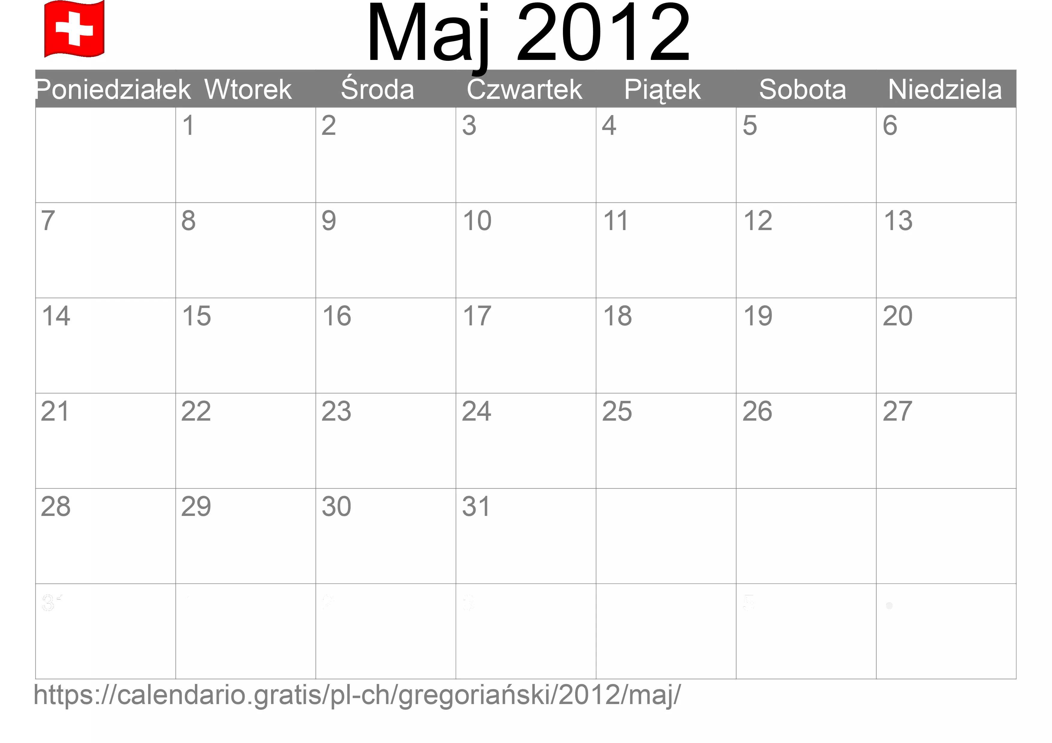 Kalendarz na Maj 2012 do druku (Szwajcaria) Kalendarz na Maj 2012 do druku (Szwajcaria)