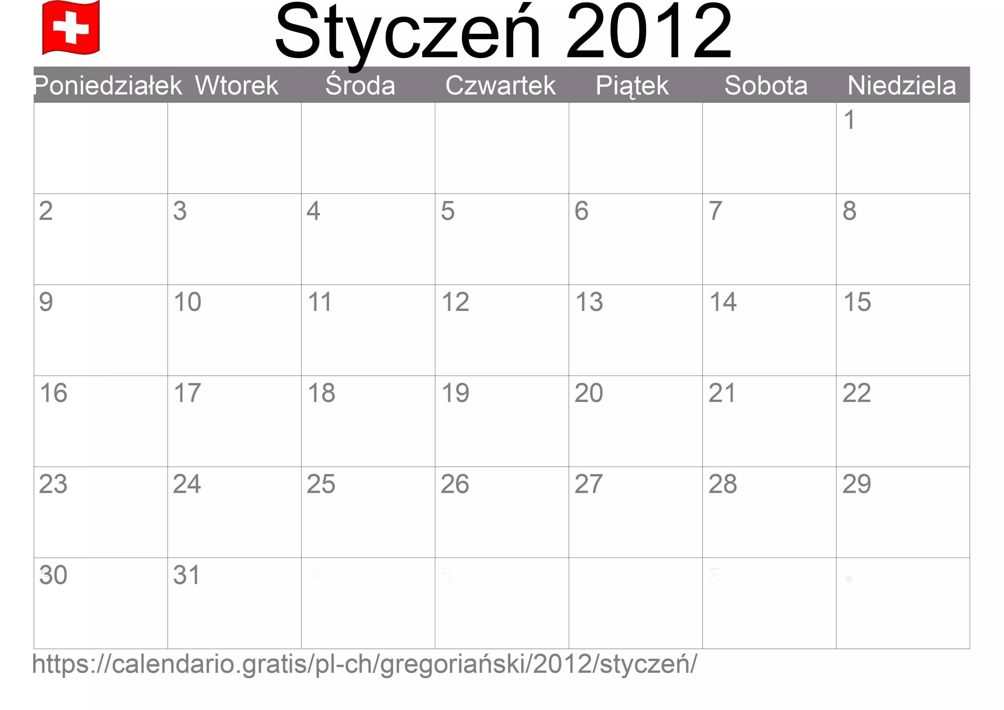 Kalendarz na Styczeń 2012 do druku (Szwajcaria) Kalendarz na Styczeń 2012 do druku (Szwajcaria)