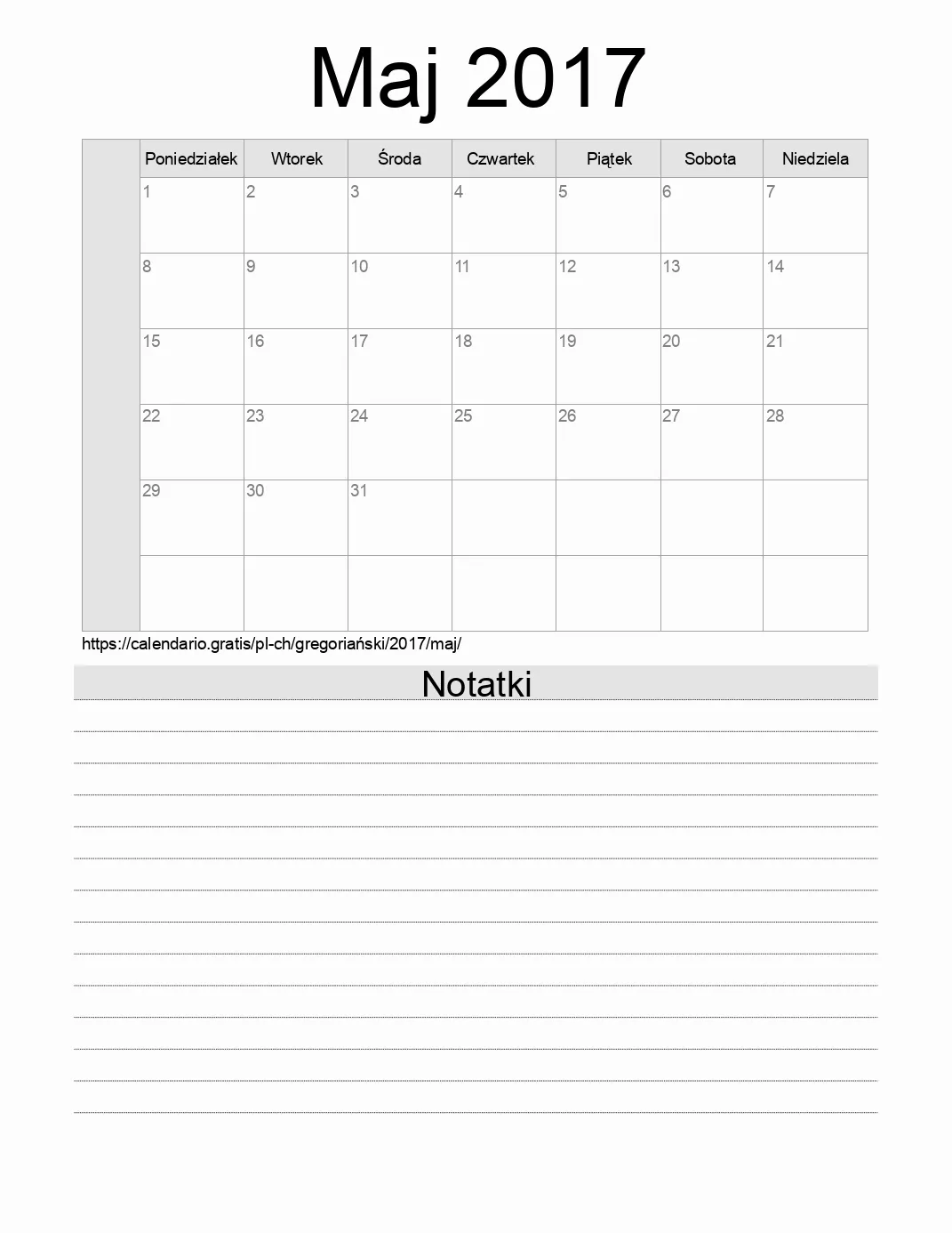 Kalendarz na Maj 2017 do druku z notatkami. (Szwajcaria) Kalendarz na Maj 2017 do druku z notatkami. (Szwajcaria)