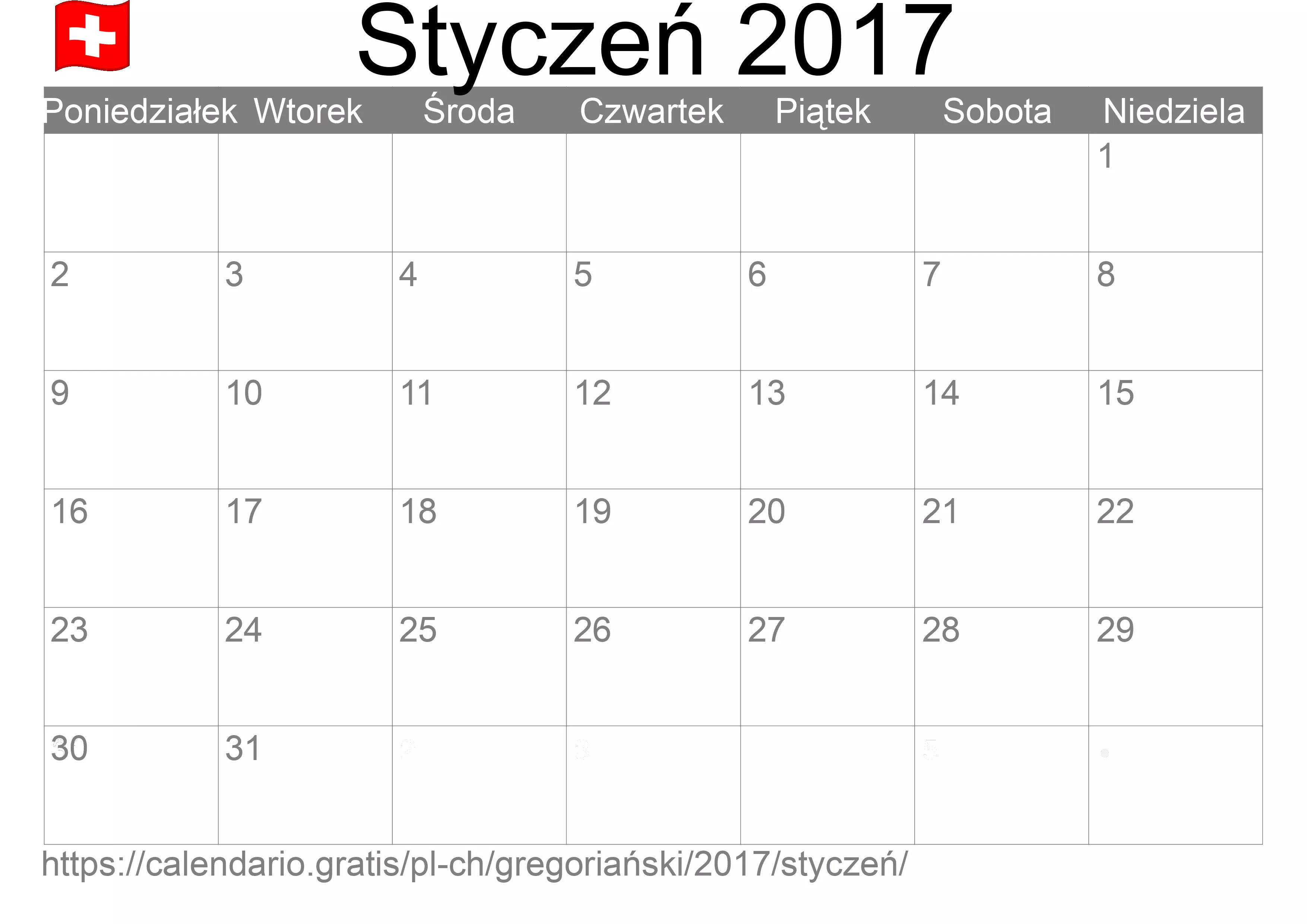 Kalendarz na Styczeń 2017 do druku (Szwajcaria) Kalendarz na Styczeń 2017 do druku (Szwajcaria)