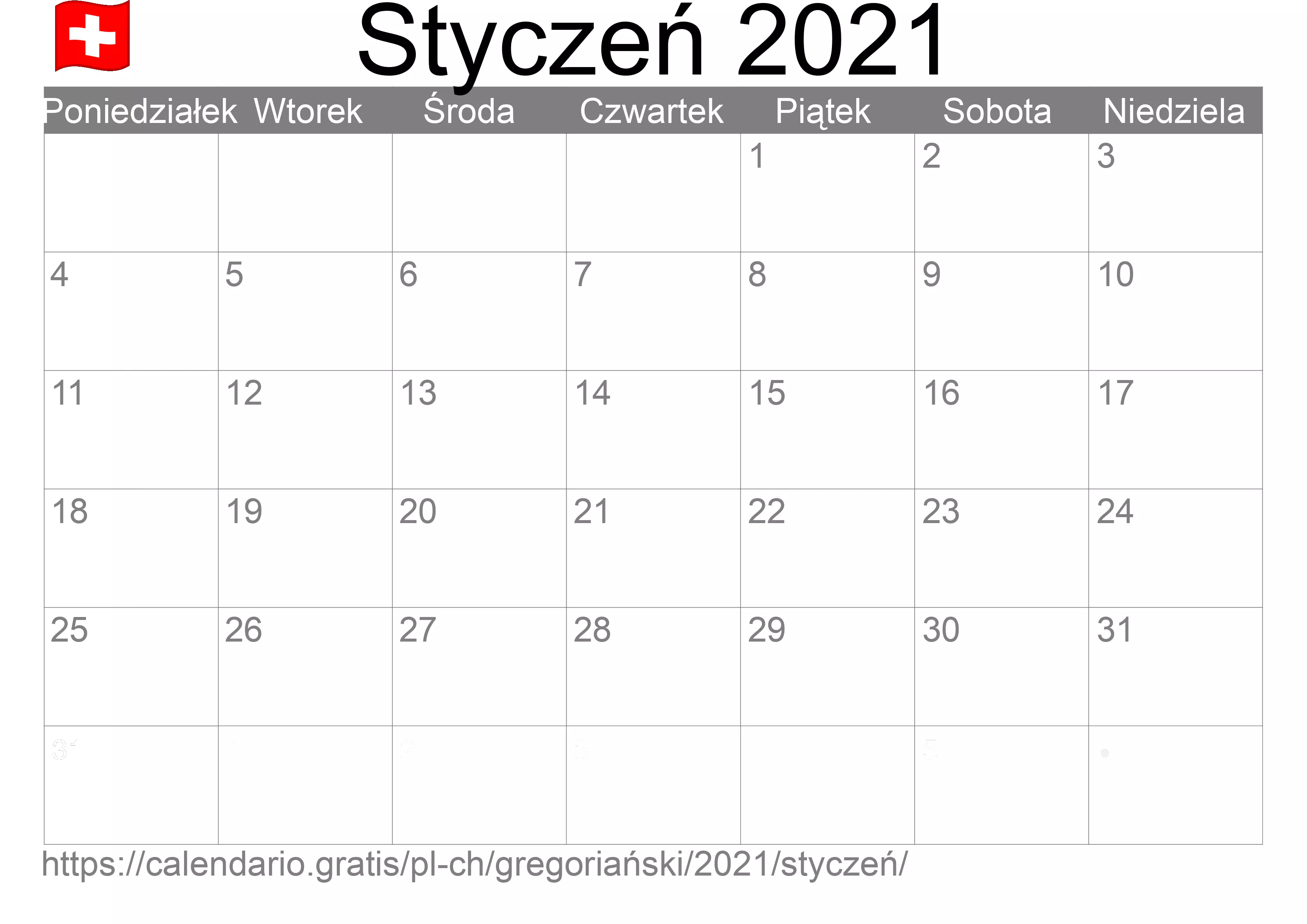 Kalendarz na Styczeń 2021 do druku (Szwajcaria) Kalendarz na Styczeń 2021 do druku (Szwajcaria)