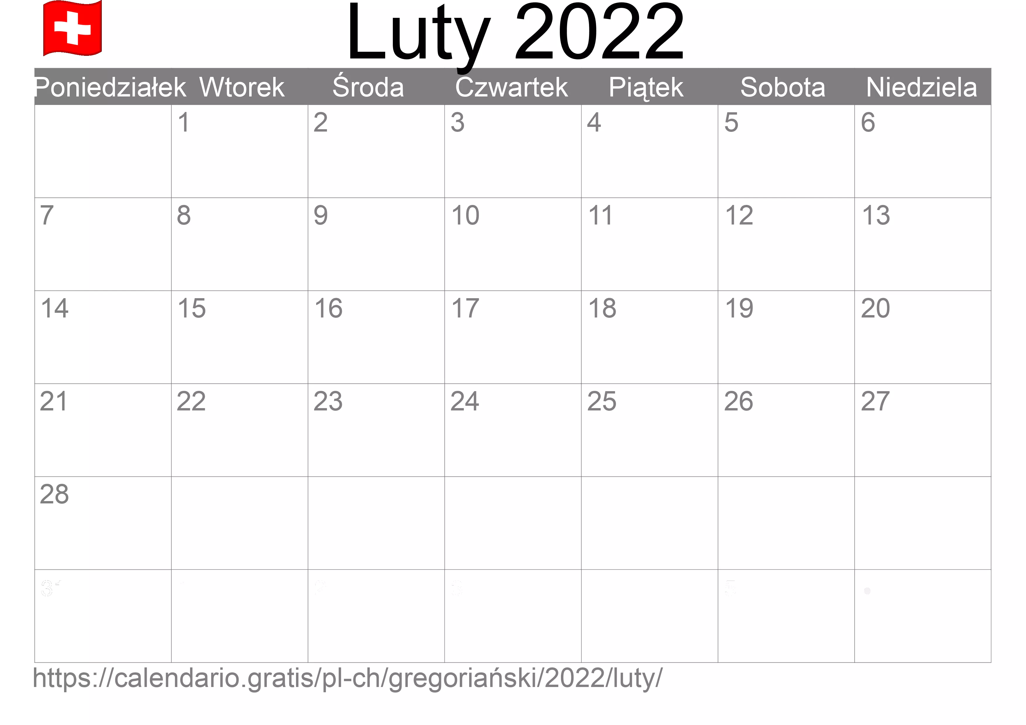 Kalendarz na Luty 2022 do druku (Szwajcaria)