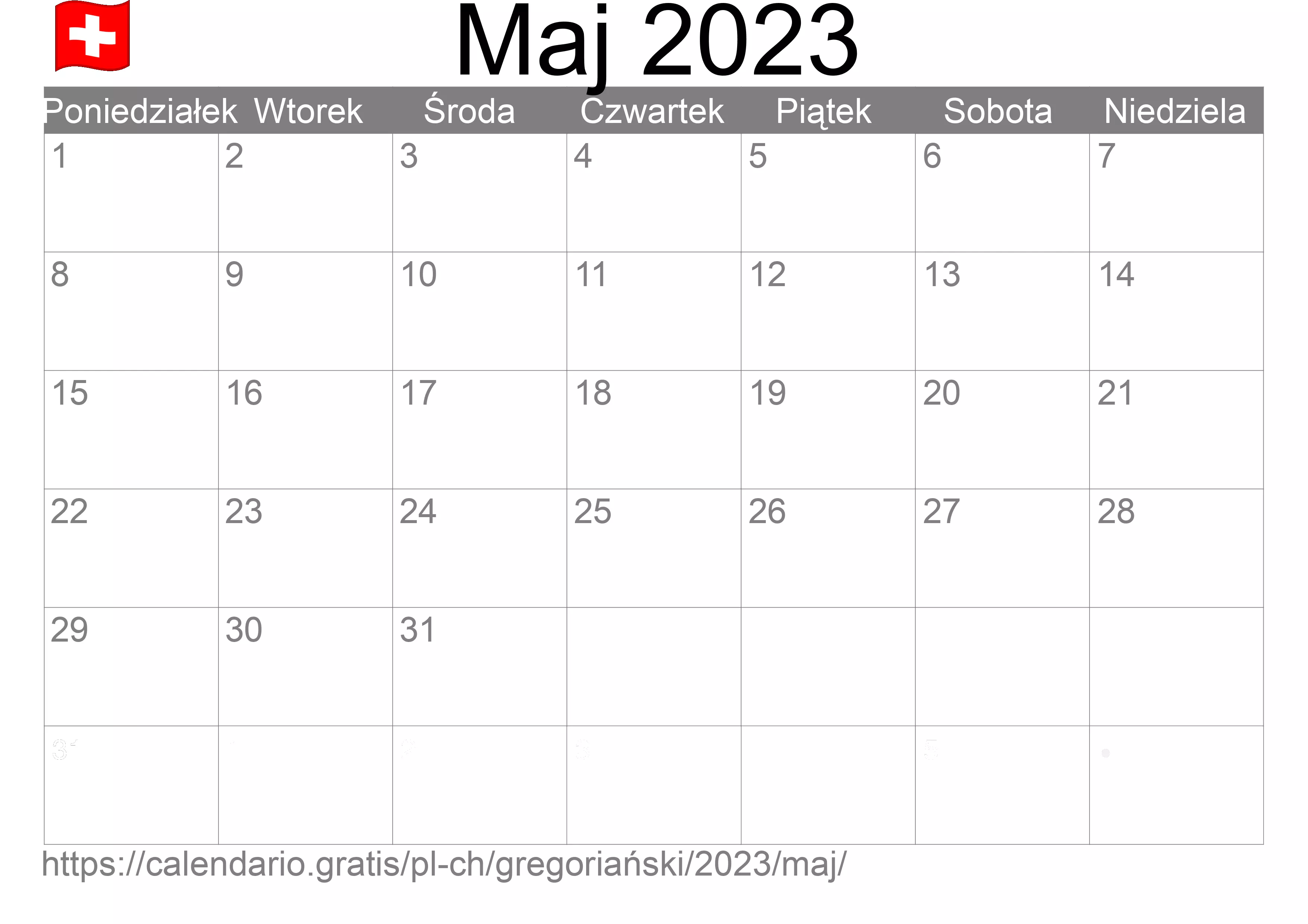 Kalendarz na Maj 2023 do druku (Szwajcaria) Kalendarz na Maj 2023 do druku (Szwajcaria)