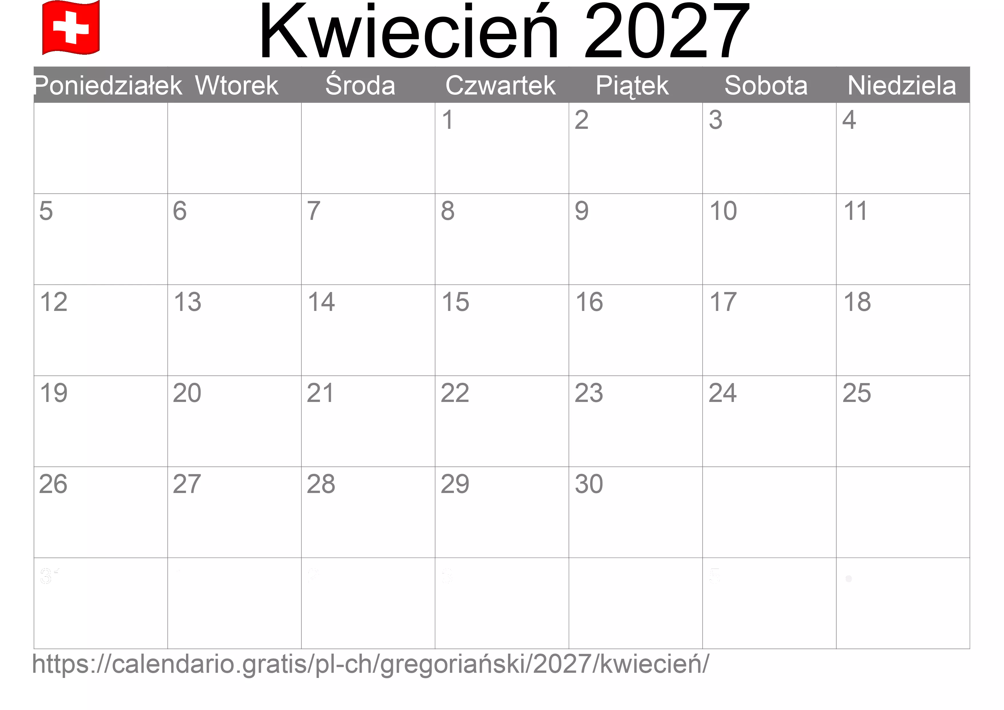 Kalendarz na Kwiecień 2027 do druku (Szwajcaria)