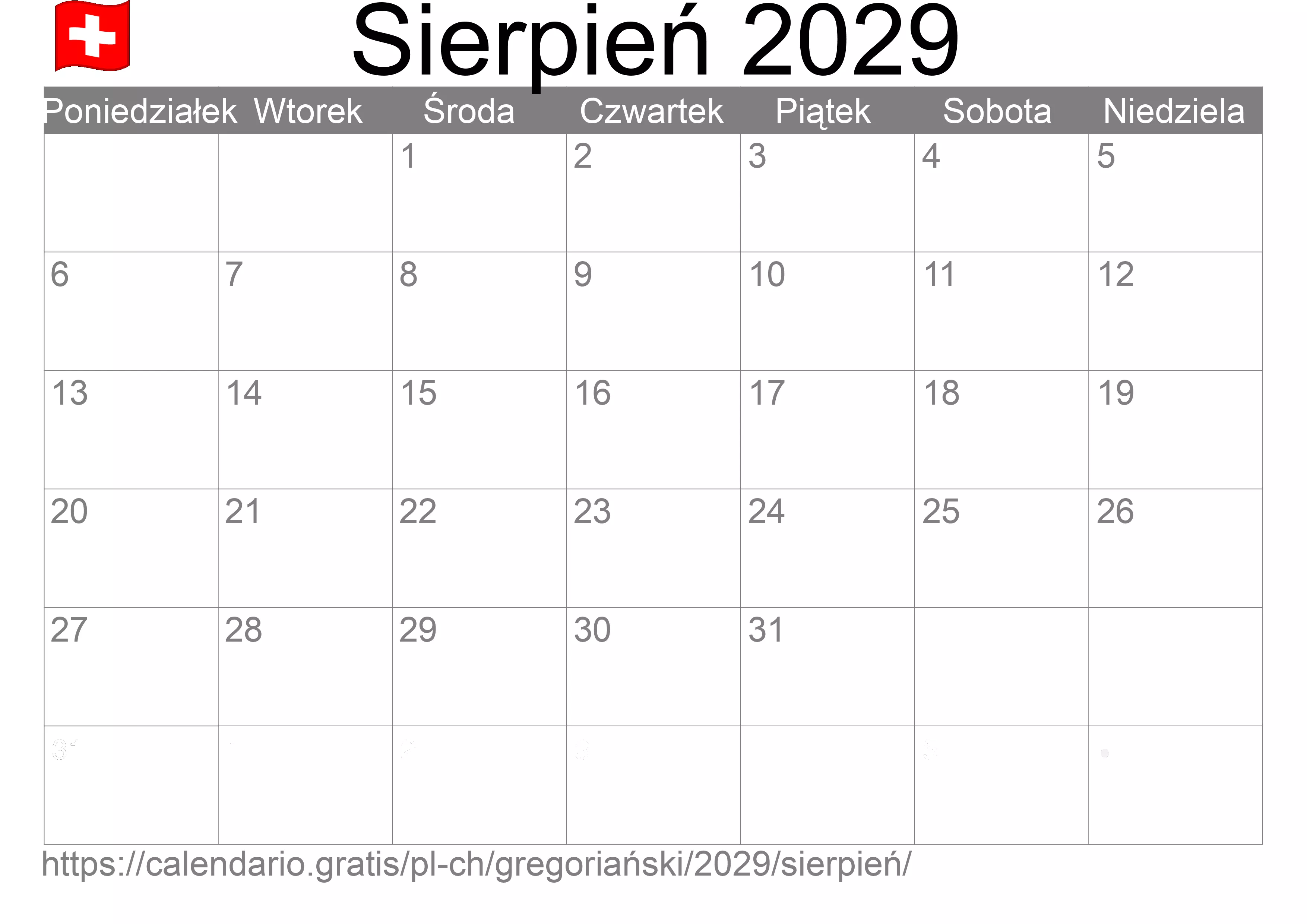 Kalendarz na Sierpień 2029 do druku (Szwajcaria) Kalendarz na Sierpień 2029 do druku (Szwajcaria)